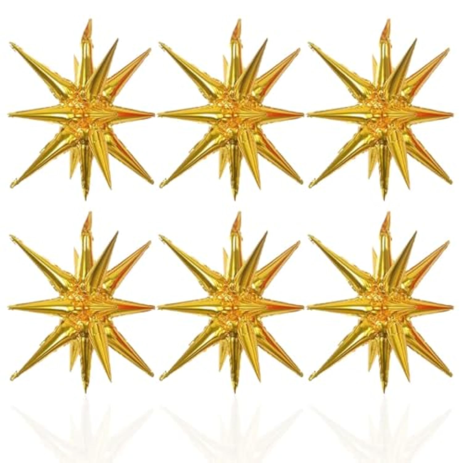 6 Pcs 22-Inch Gold Starburst Foil Balloons 14-Pointed 4D Star Cone Decor