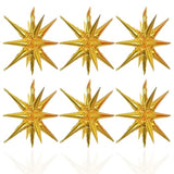 6 Pcs 22-Inch Gold Starburst Foil Balloons 14-Pointed 4D Star Cone Decor