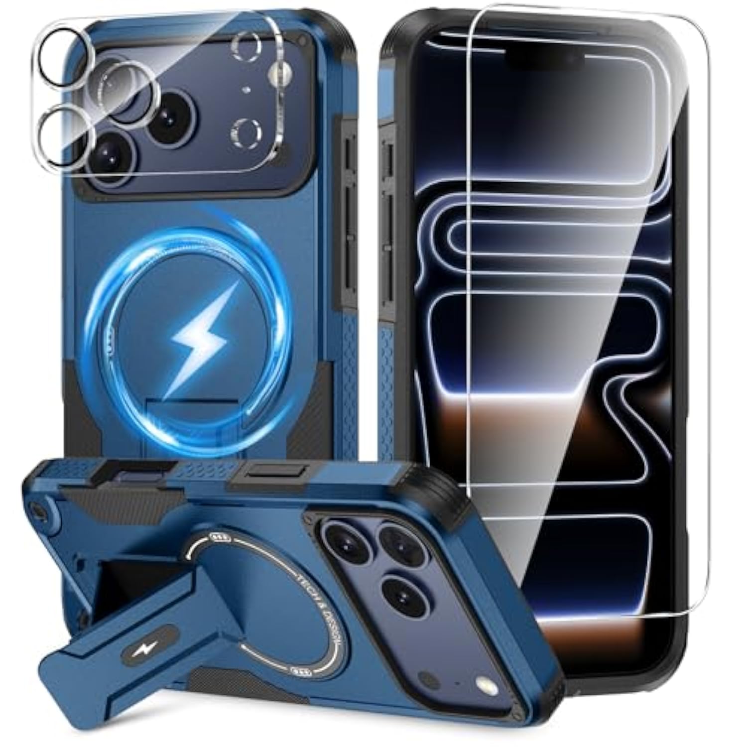 3 In 1 For Iphone 17 Pro Max Case [Compatible With Magsafe] [Invisible Kickstand] [Hd Screen Protector] [Camera Lens Protector], Protective Magnetic Phone Cover For Iphone 17 Promax (Blue)