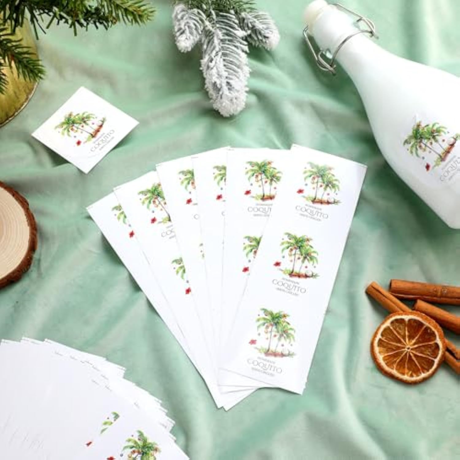 100 Pcs Coquito Labels For Bottles 2.3" Coquito Bottle Sticker Labels With Graphic Of Coconut Palm Tree For Home Holiday Christmas New Year Party Supply(Round)