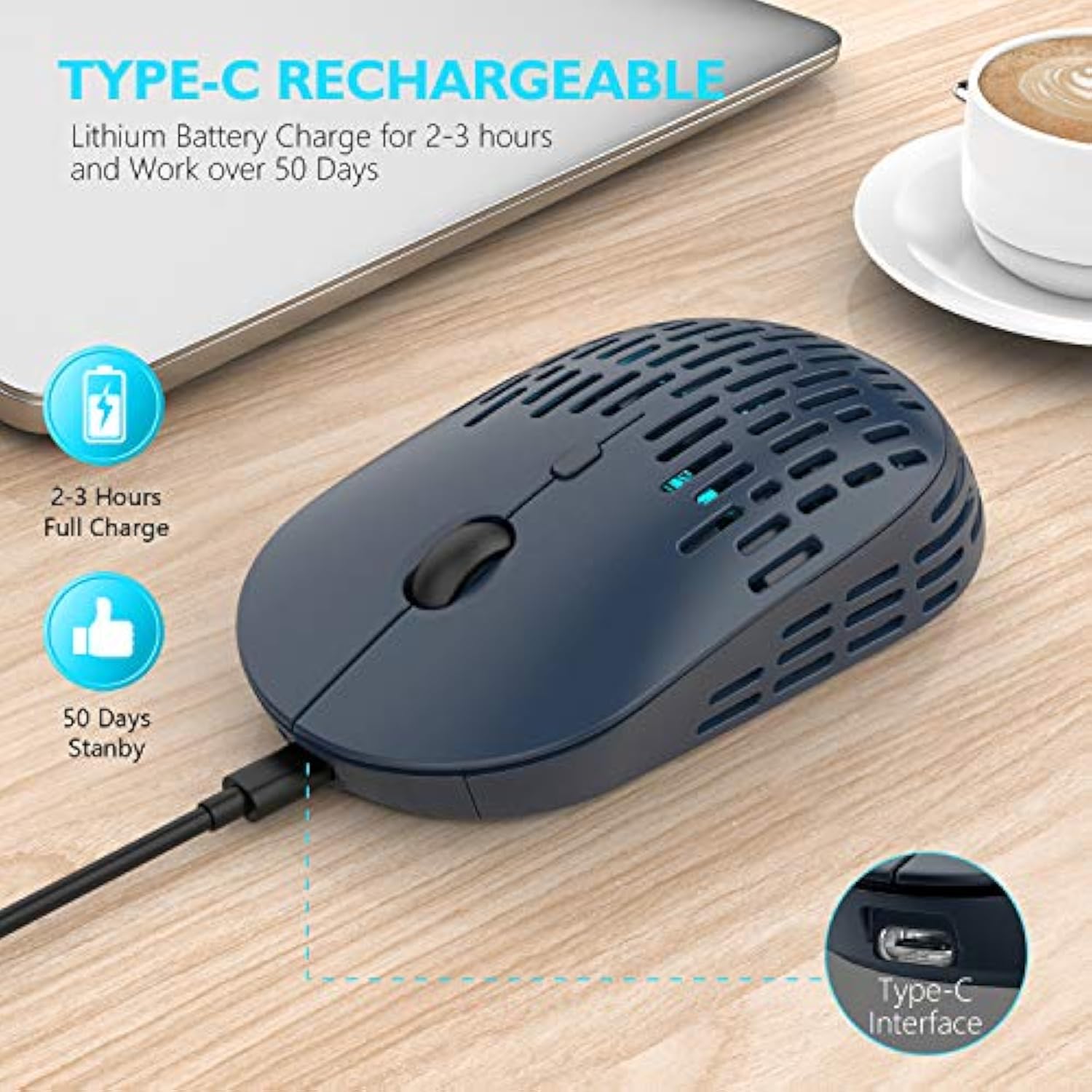Bluetooth Wireless Mouse, Dual Mode Rechargeable Silent Computer Mice With 2.4