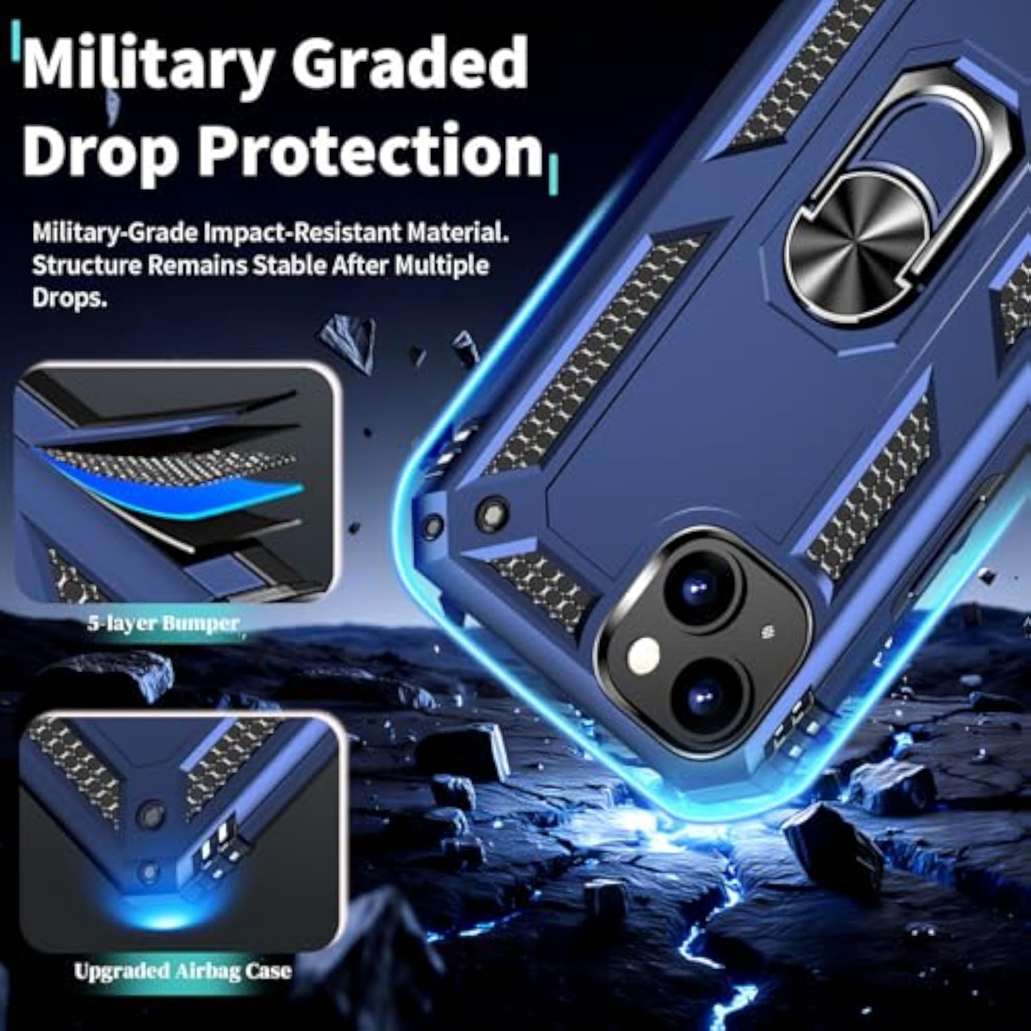 iPhone 15 Case with Screen Protector and 360° Rotatable Kickstand, Military Grade Shockproof Cover, Blue