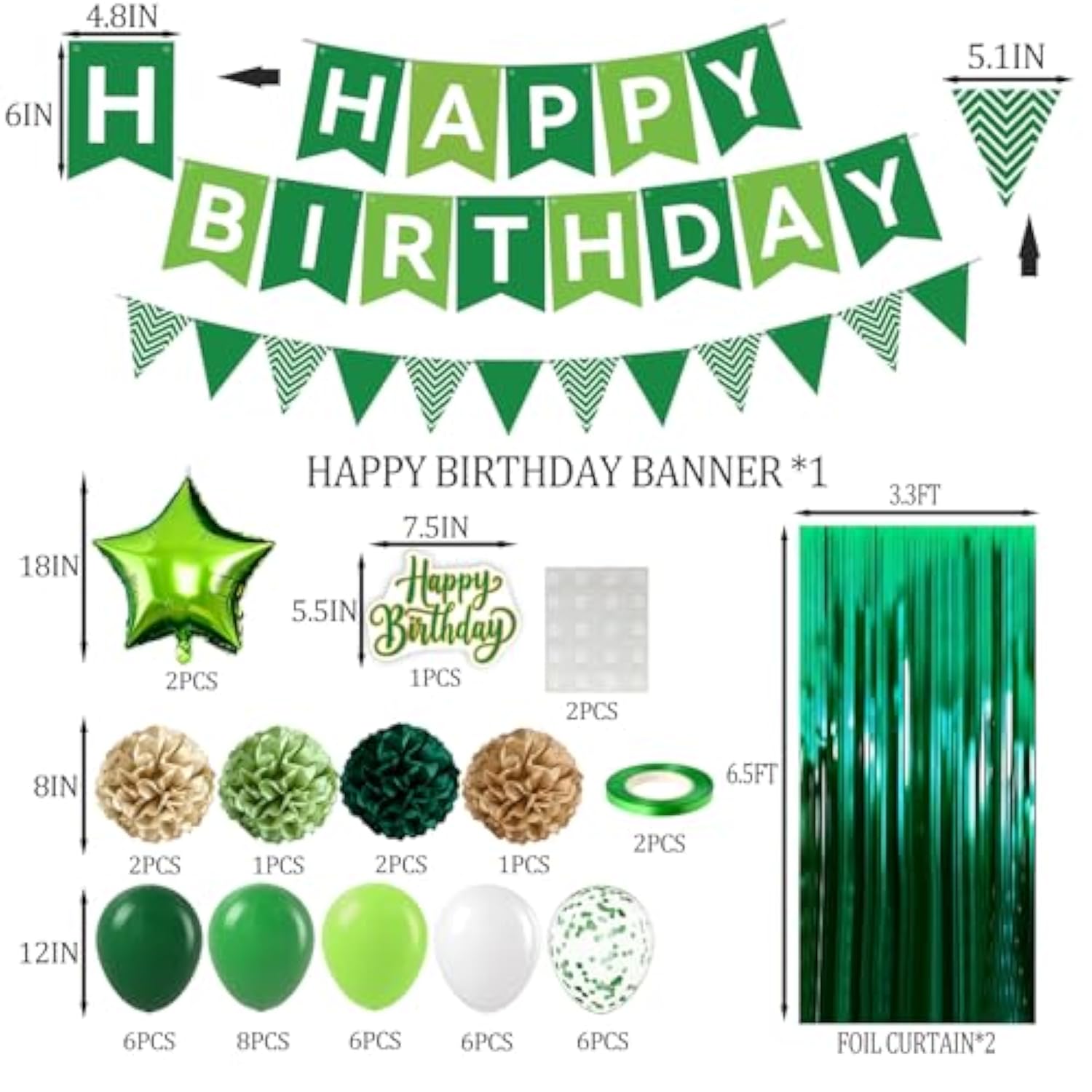 Green Birthday Party Decorations, Happy Birthday Banner, Fringe Curtain, Star-Shaped Foil Confetti Balloons, Man Boy 13Th 16Th 18Th 20Th 30Th 40Th 50Th 60Th Birthday Decorations (Green)