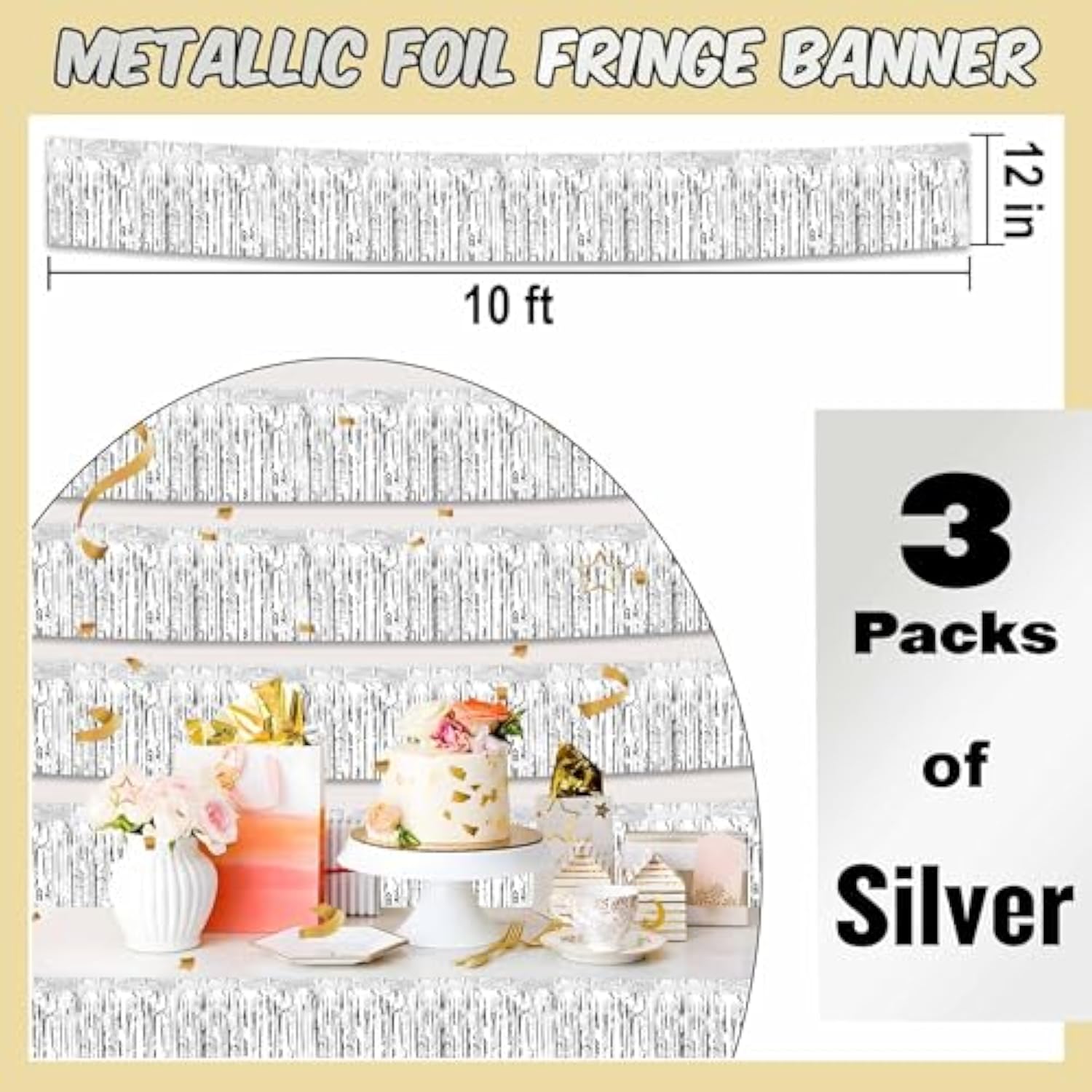 3 Pack 10 Ft Silver Foil Fringe Garland Metallic Streamers Tinsel Banner Wall Hanging Garland Backdrop For Parade Floats, Halloween, Christmas, Thanksgiving, New Year Party Decorations