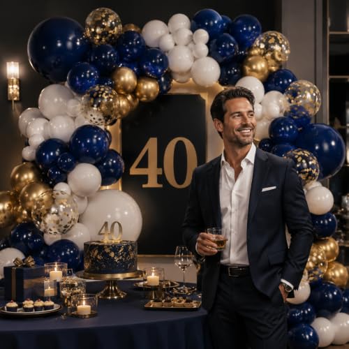 136PCS Navy Blue Ivory Gold Balloon Arch Kit with Confetti Latex Balloons for Birthday, Graduation, Wedding, Corporate Events, Cruise Ship Parties & Elegant Backdrops