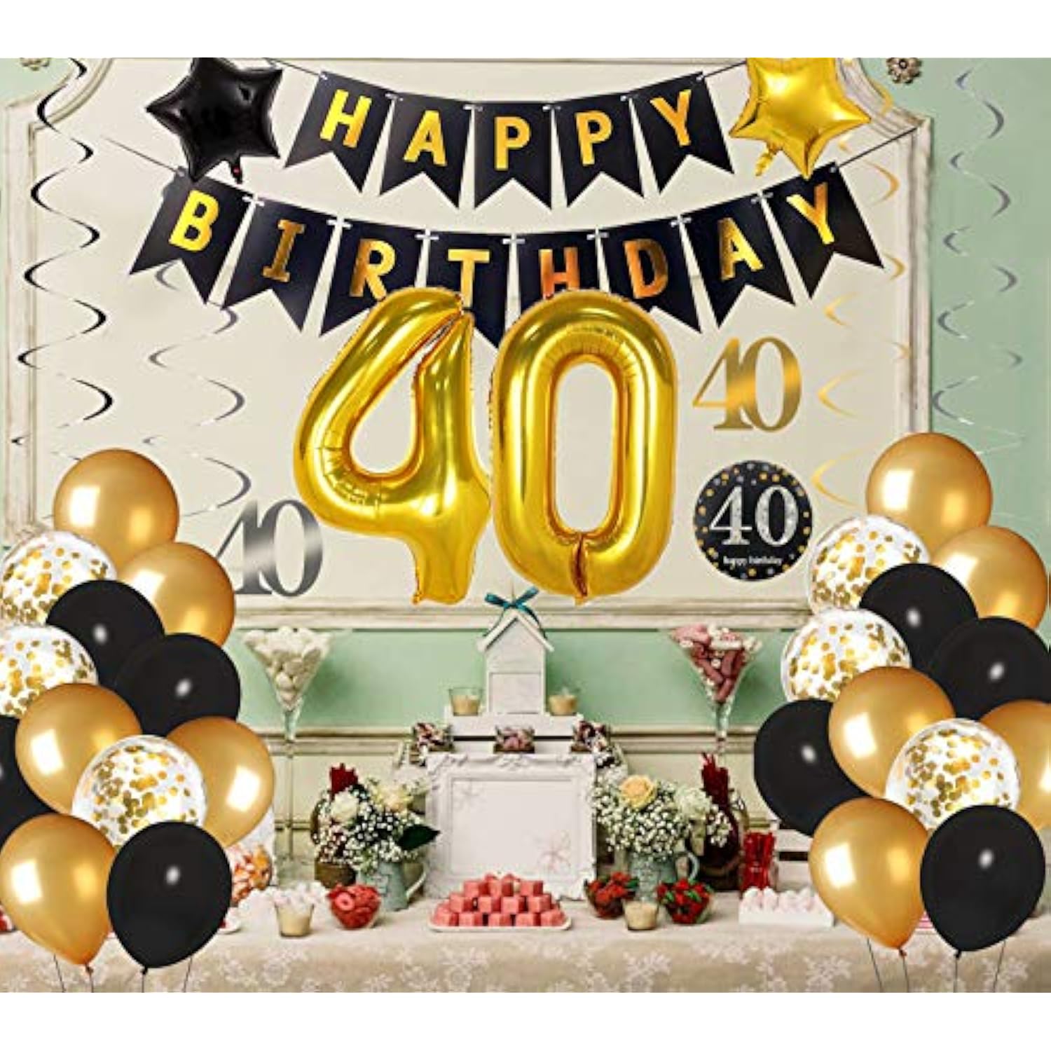 40Th Birthday Decorations For Men Women, Black And Gold Party Decorati