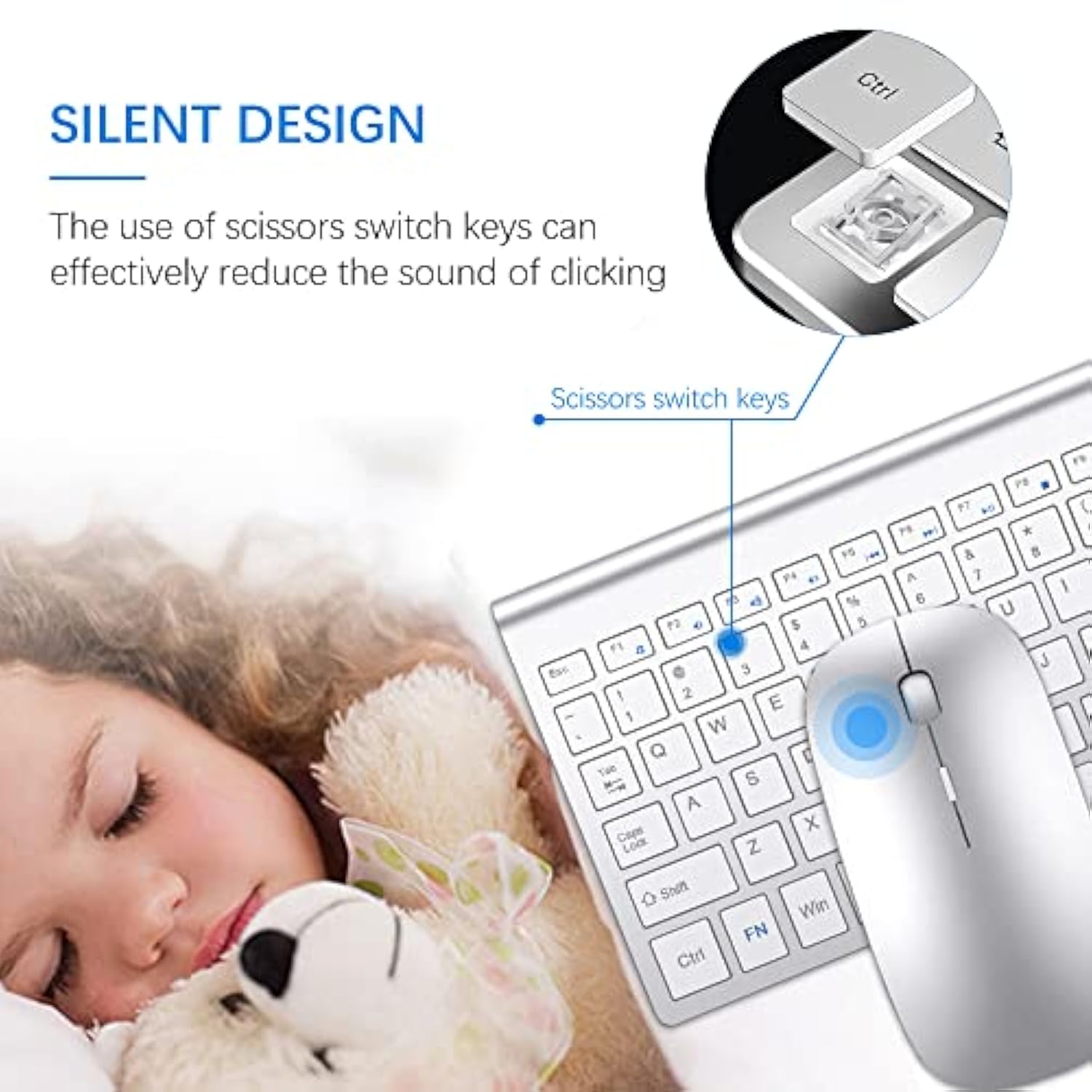 Wireless Keyboard And Mouse Ultra Slim Combo, 2.4G Silent Compact Usb 2400Dpi Mouse And Scissor Switch Keyboard Set With Cover, 2 Aa And 2 Aaa Batteries, For Pc/Laptop/Windows/Mac-Silver White