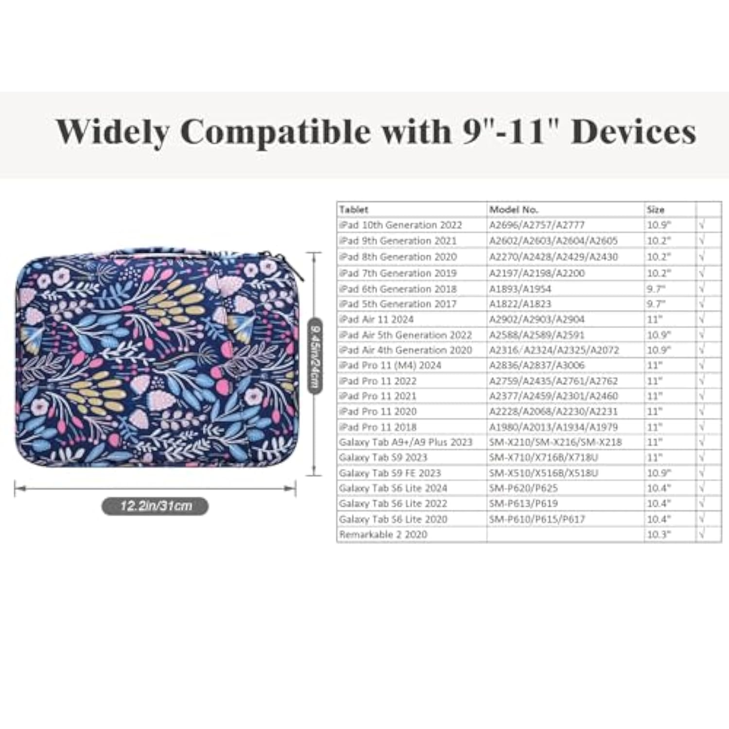 9-11" Tablet Sleeve For Ipad 11-Inch A16 2025, Ipad 10.9"/10.2", Galaxy Tab A9 Plus 11", Protective Bag With Pockets, Colorful Flower