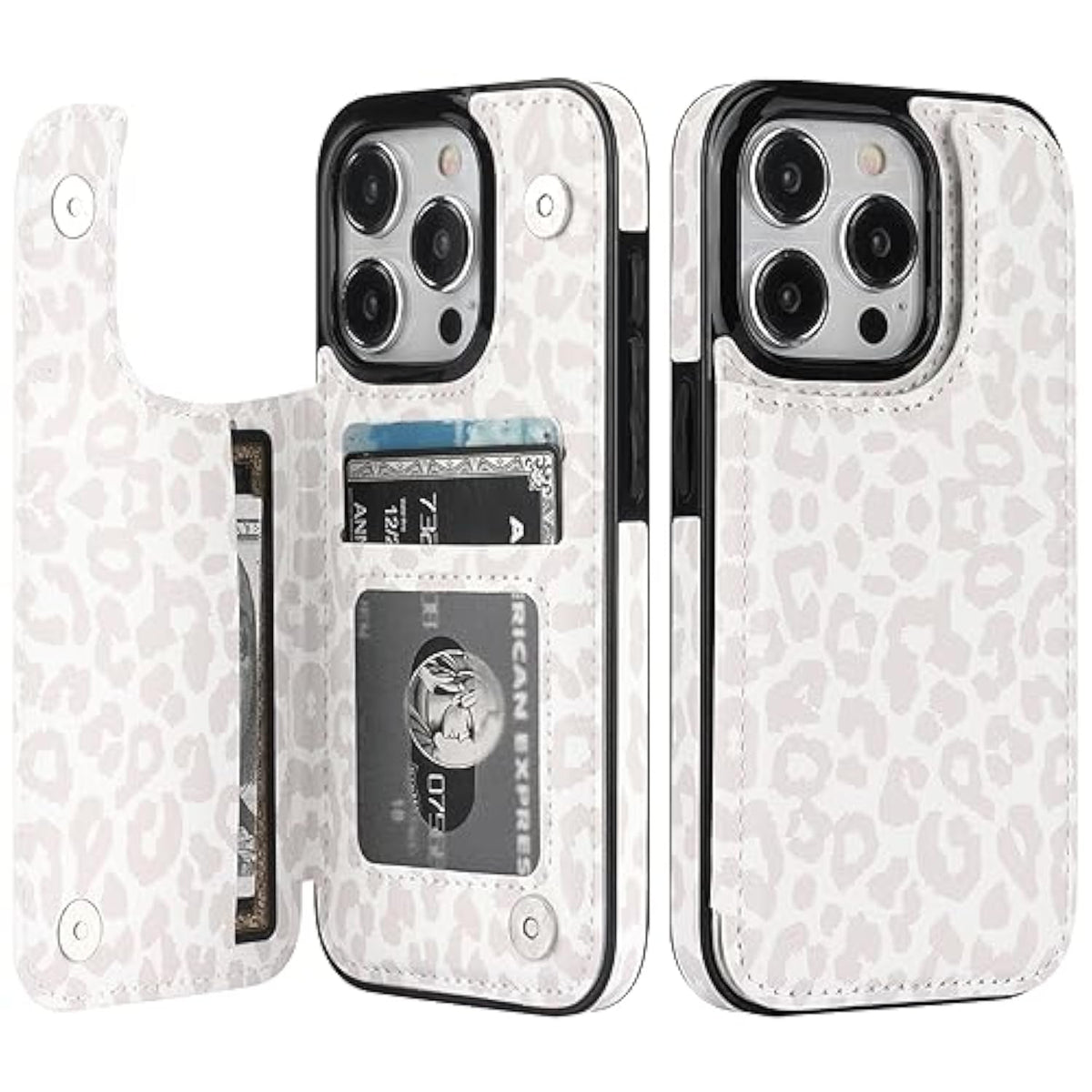 For Iphone 15 Pro Case Wallet With Card Holder, White Leopard Cheetah Pattern Back Flip Folio Pu Leather Kickstand Card Slots Case For Women Girls, Double Magnetic Clasp Case 6.1"