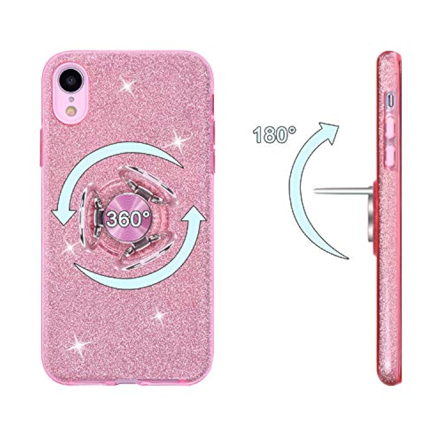 Case For Iphone Xr, Cute Glitter Bling Sparkle Protective Case With Ring Kickstand, Women Girls Phone Case For 6.1 Inch Apple Iphone Xr - Pink