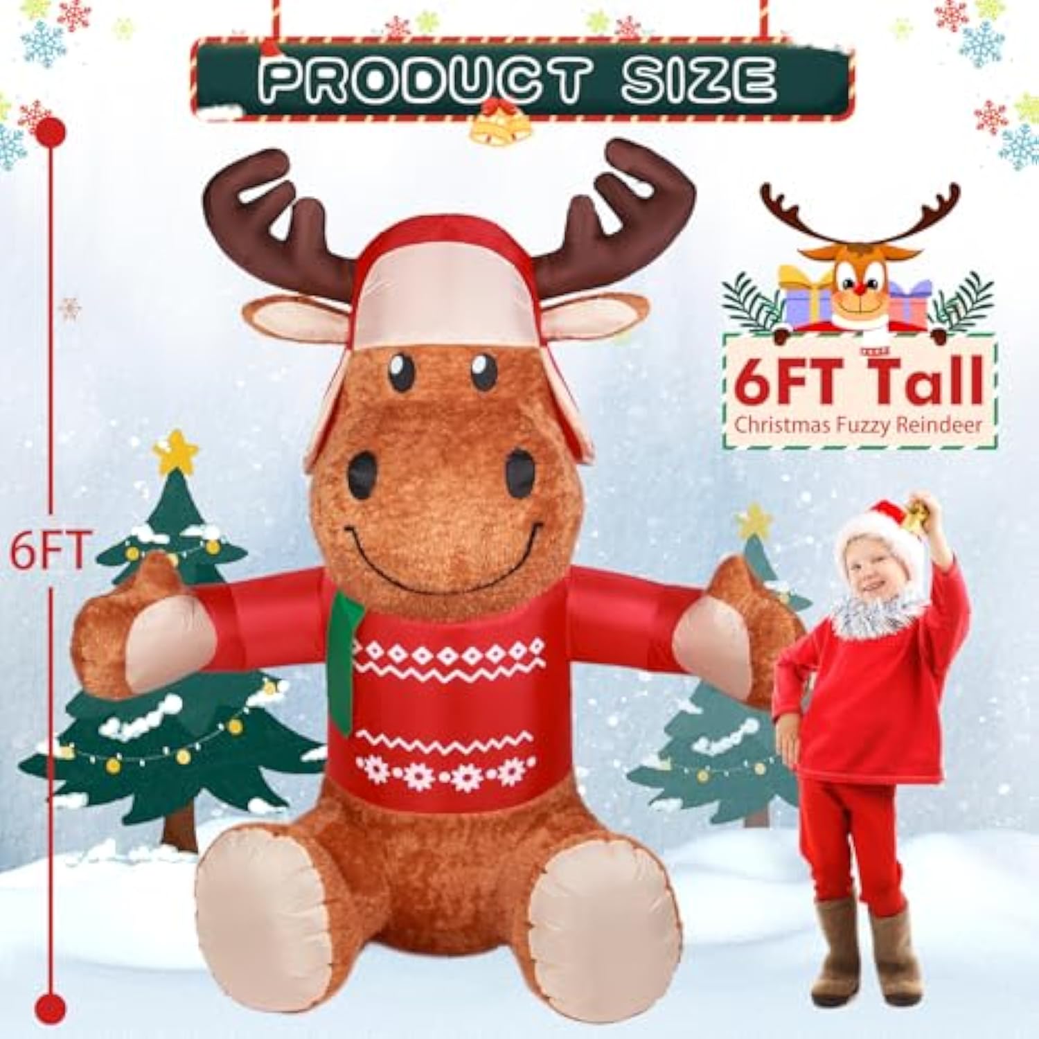 6 Ft Christmas Inflatable Outdoor Decorations, Inflatables Plush Reindeer Yard Decor With Christmas Hat & Sweater, Built
