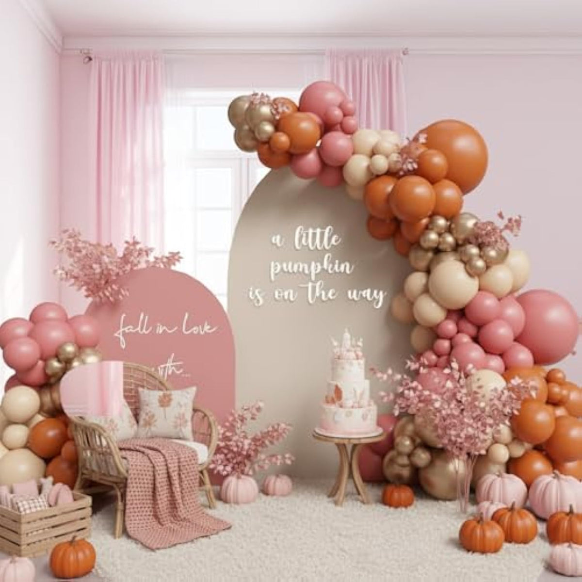 145Pcs Fall Baby Shower Balloon Arch Kit Dusty Pink Orange Gold for Autumn Party