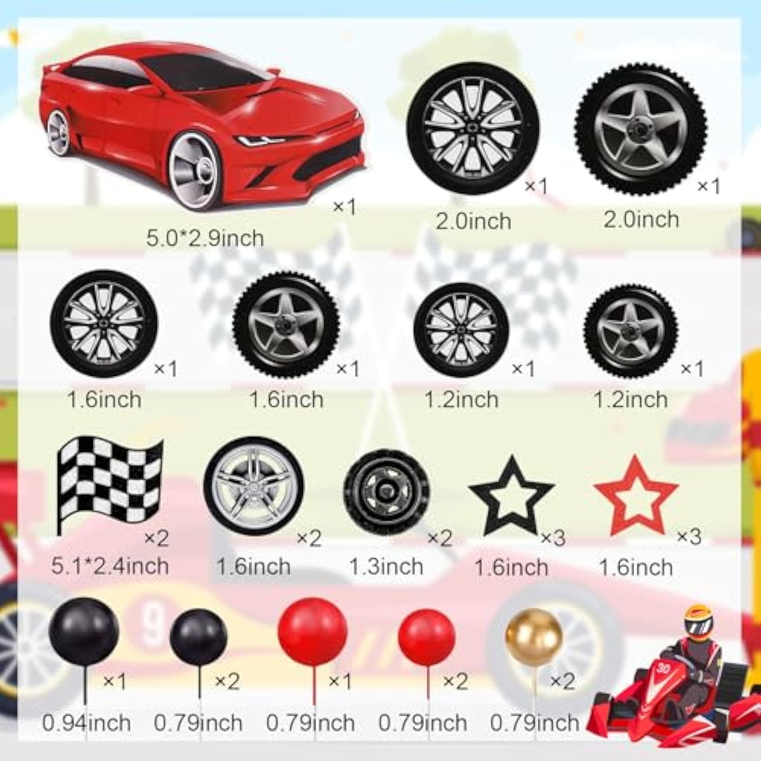 Racing Wheel Cake Topper 27Pcs Race Car Cake Toppers Tyre Cake Decorations Checkered Flag Car Cake Cupcake Decoration For Man Boy Kid Racing Car Theme Birthday Supplies