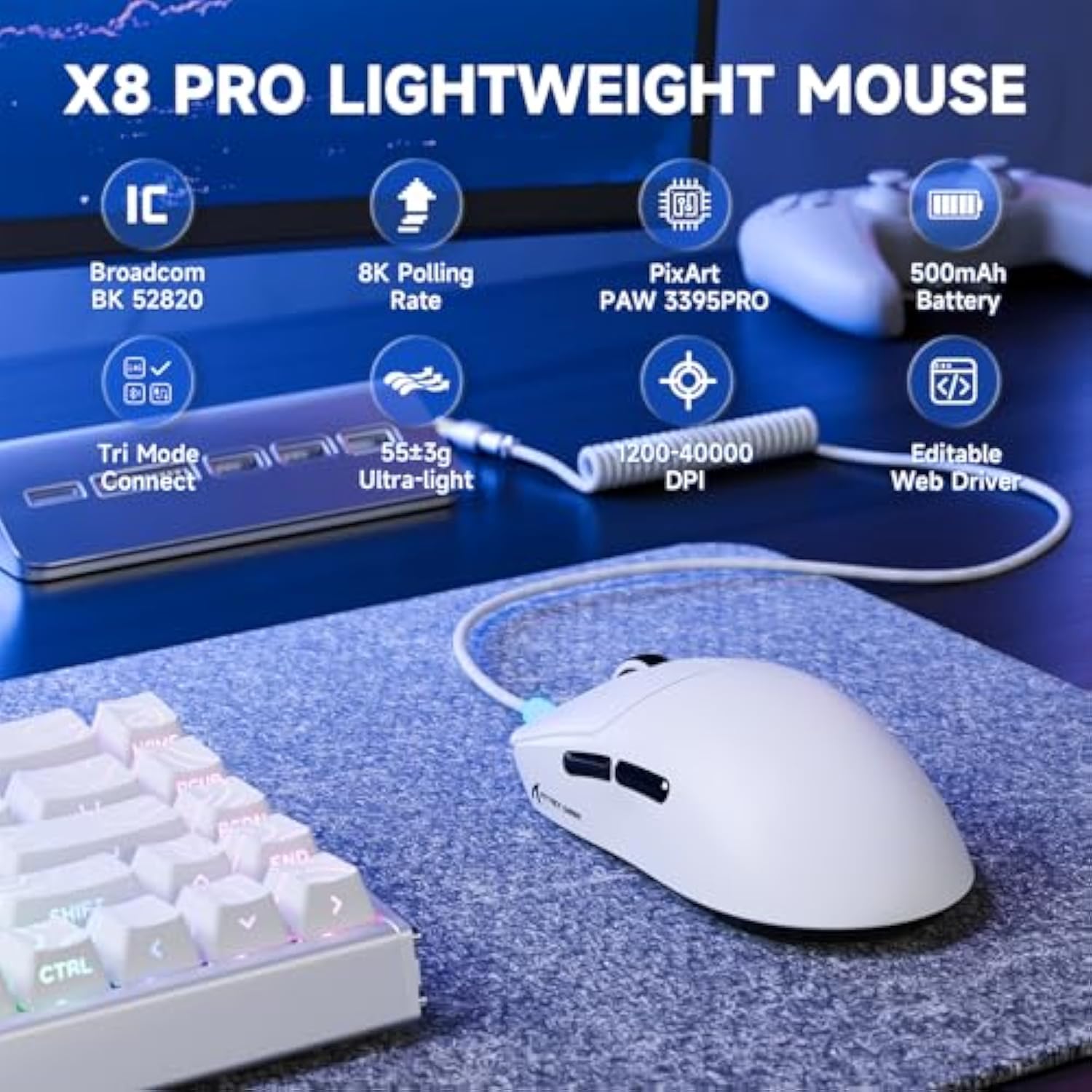 Attack Shark X8 Pro 8K Wireless Gaming Mouse,Paw3395Pro 40K Dpi Sensor,Tri-Mode Broadcom Bk52820 Chip,Superlight Ergonomic Mouse For Large Hands,Cloud-Based Software,For Win/Mac(White)
