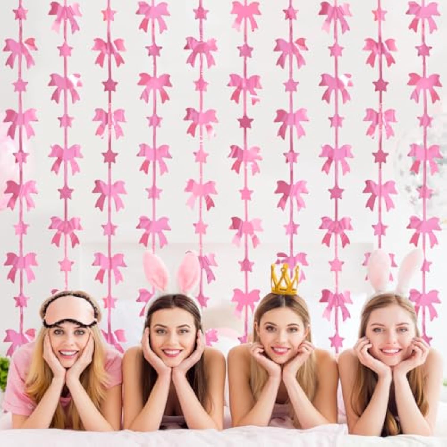 2 Pack Pink Bow Party Decorations, Foil Fringe Curtains & Photo Booth Backdrop for Girls