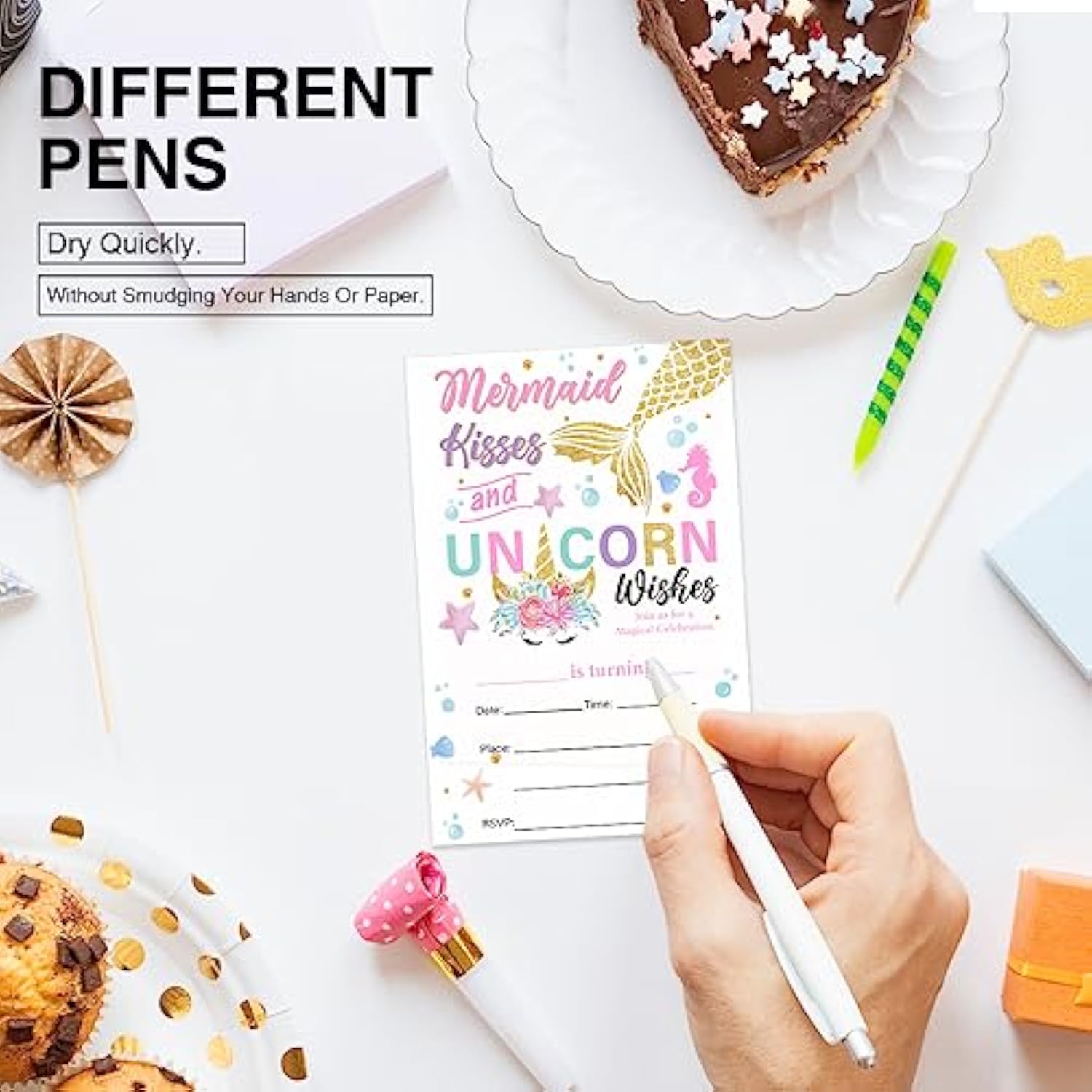 Unicorn Mermaid Birthday Party Invitations Supplies Fill-In Set Of 20 With Envelopes Kisses And Unicorn Wishes Birthday Bash Invites Cards, Double Sided