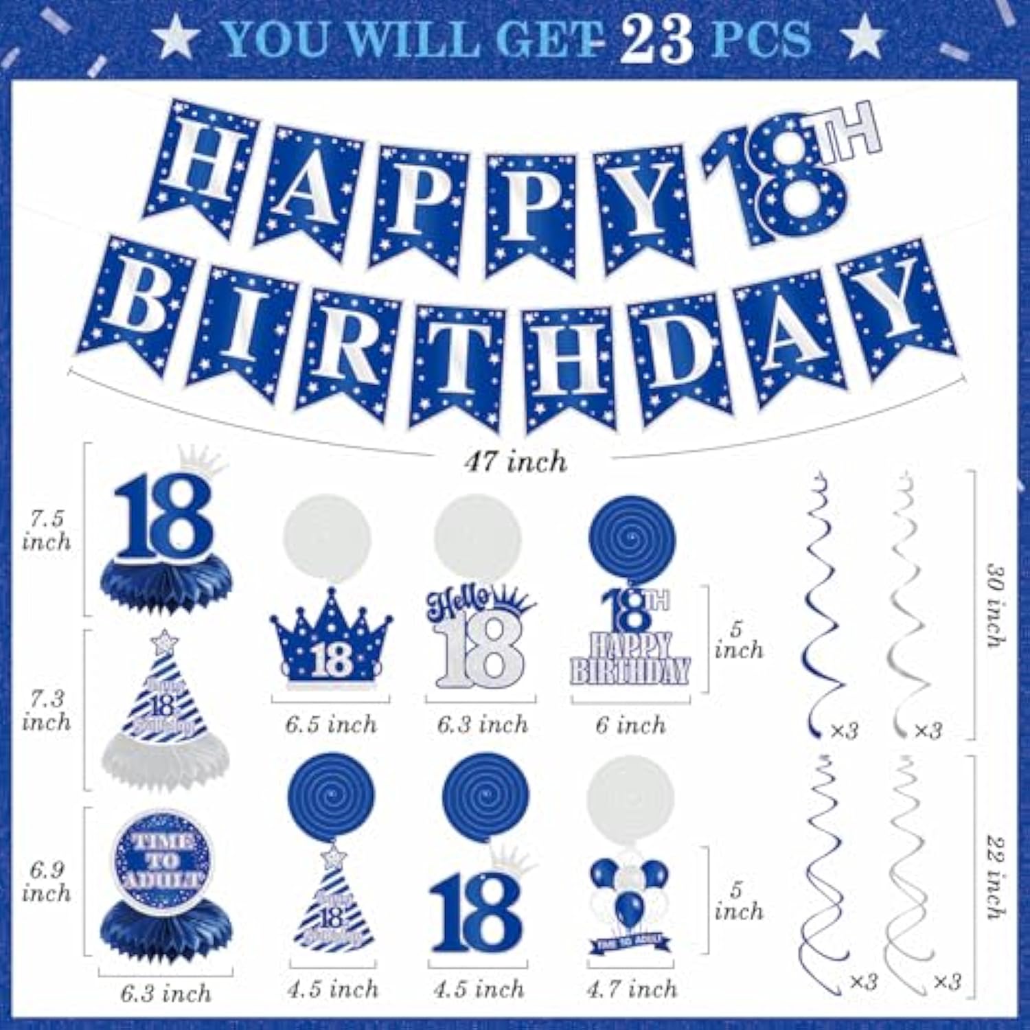 Pre-Strung 18Th Birthday Decorations For Men, Happy 18Th Birthday Banner Hanging Swirls Honeycomb Centerpieces Tabletop Blue, 18 Years Old Party Photo Booth Backdrop Decor Supplies
