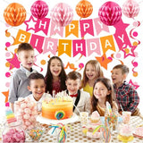 Light-Hot Pink Orange 21st Birthday Party Decorations - Women Happy Birthday Banner with Hanging Star Streamers, Rose Tissue Pom Poms Decor, Fall Boho Flower Fans Honeycomb Balls Supplies