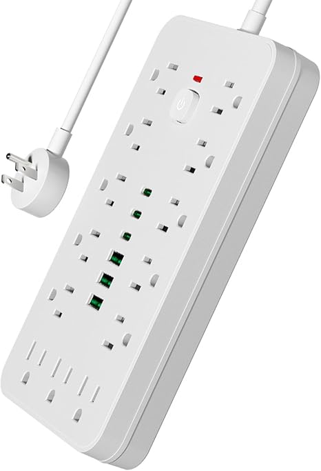 Surge Protector Power Strip 13 Outlets 6 USB Ports 10FT Flat Plug Extension Cord White