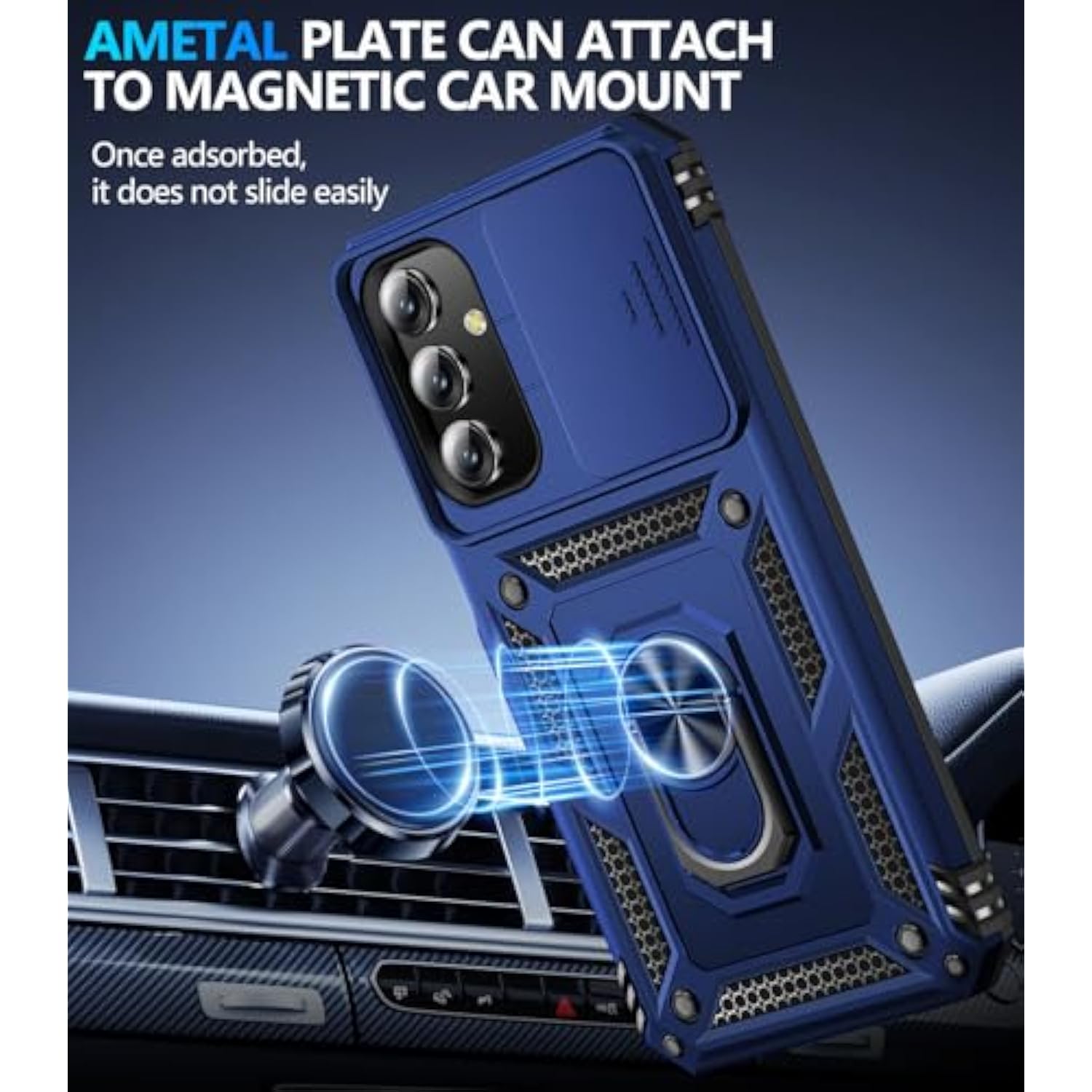 For Samsung Galaxy A15 5G Case With Screen Protector & Slide Camera Lens Cover,Builtin 360°Rotate Magnetic Ring Stand Shockproof Protective Phone Case For Samsung A15 5G Case (Blue)