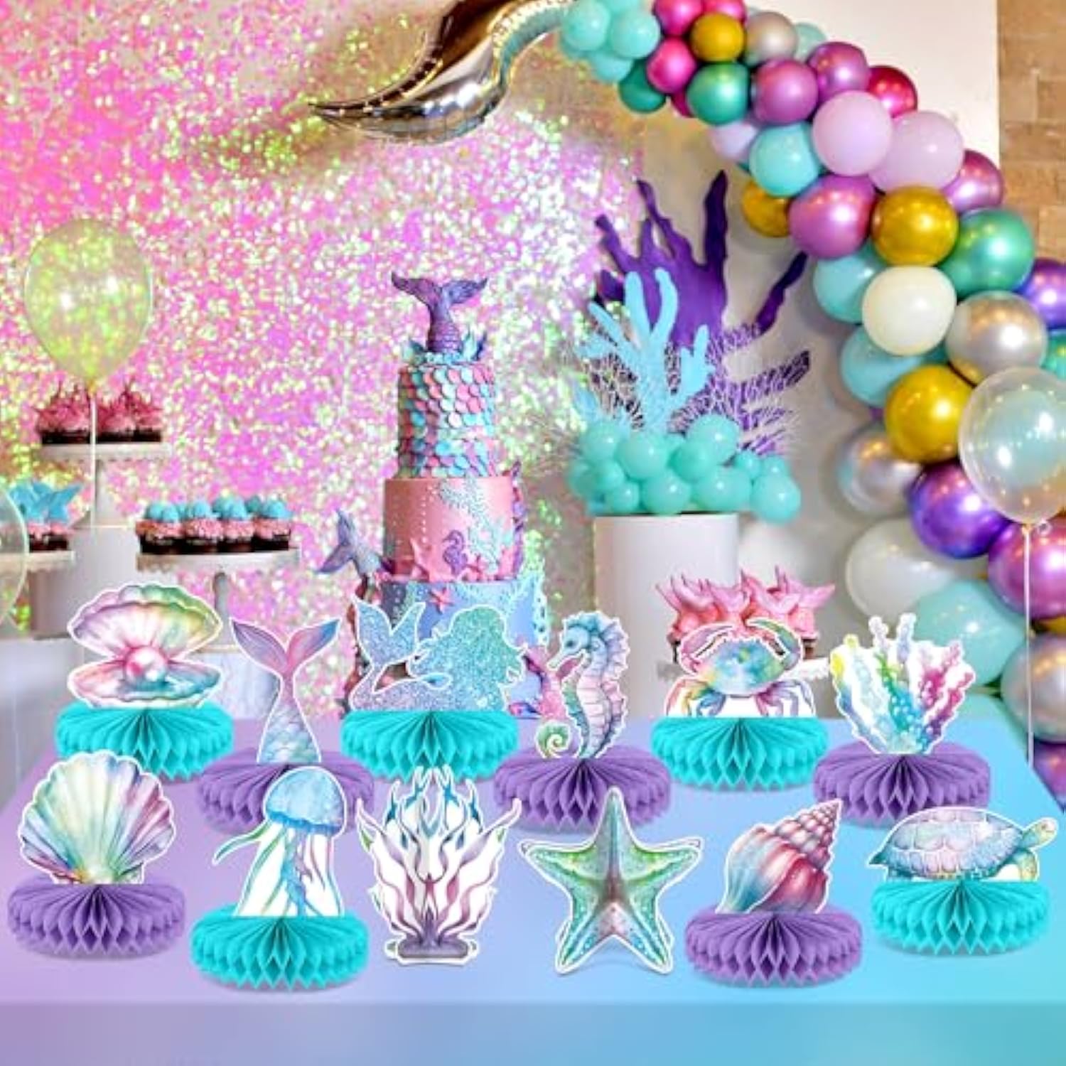 12Pcs Mermaid Party Supplies Mermaid Birthday Honeycomb Centerpieces For Under The Sea Party Decorations Ocean Mermaid Theme Table Honeycomb For Ocean Mermaid Theme Birthday Baby Shower Party Favors