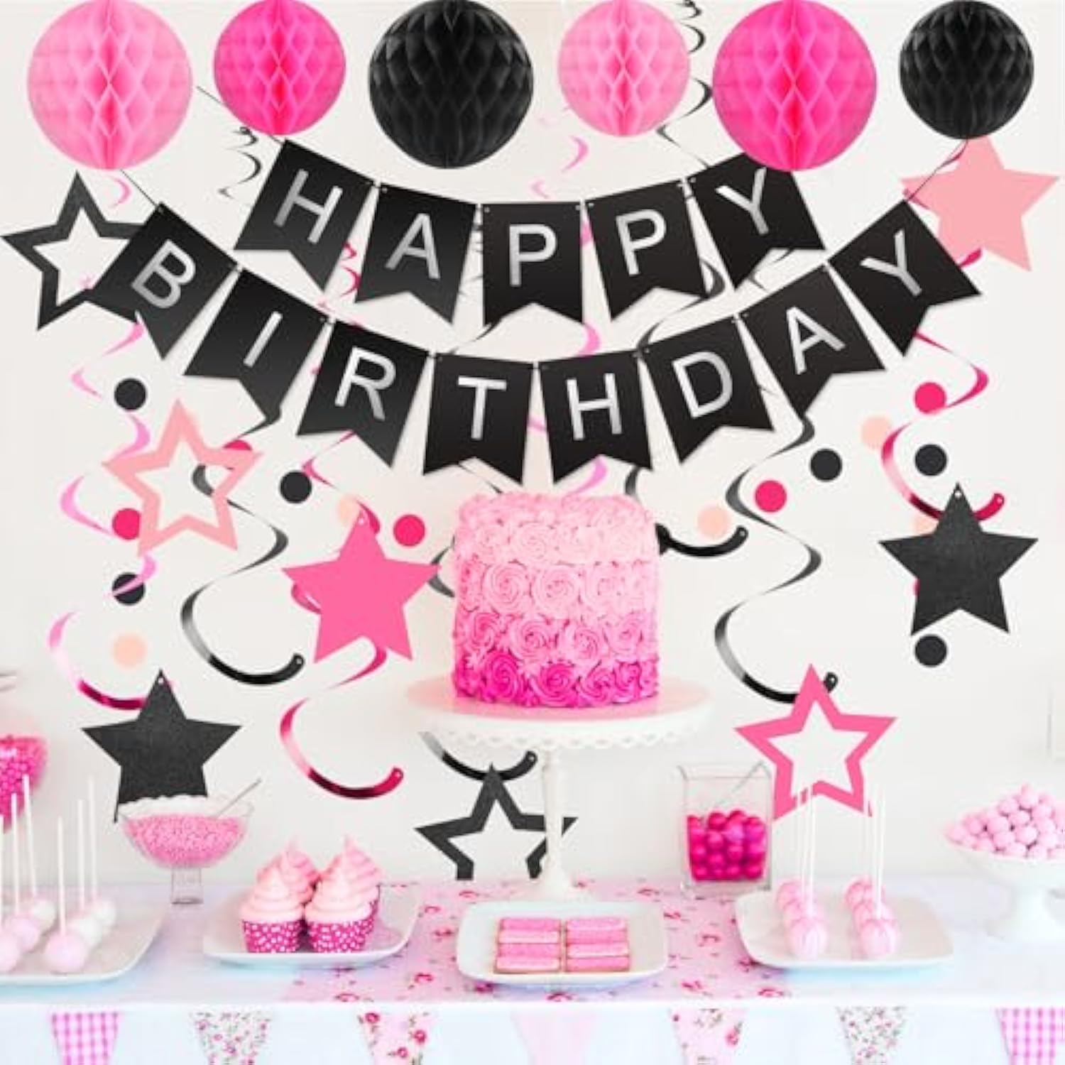 16pcs Black & Pink Birthday Decor with Banner, Swirls, Garland  Honeycombs