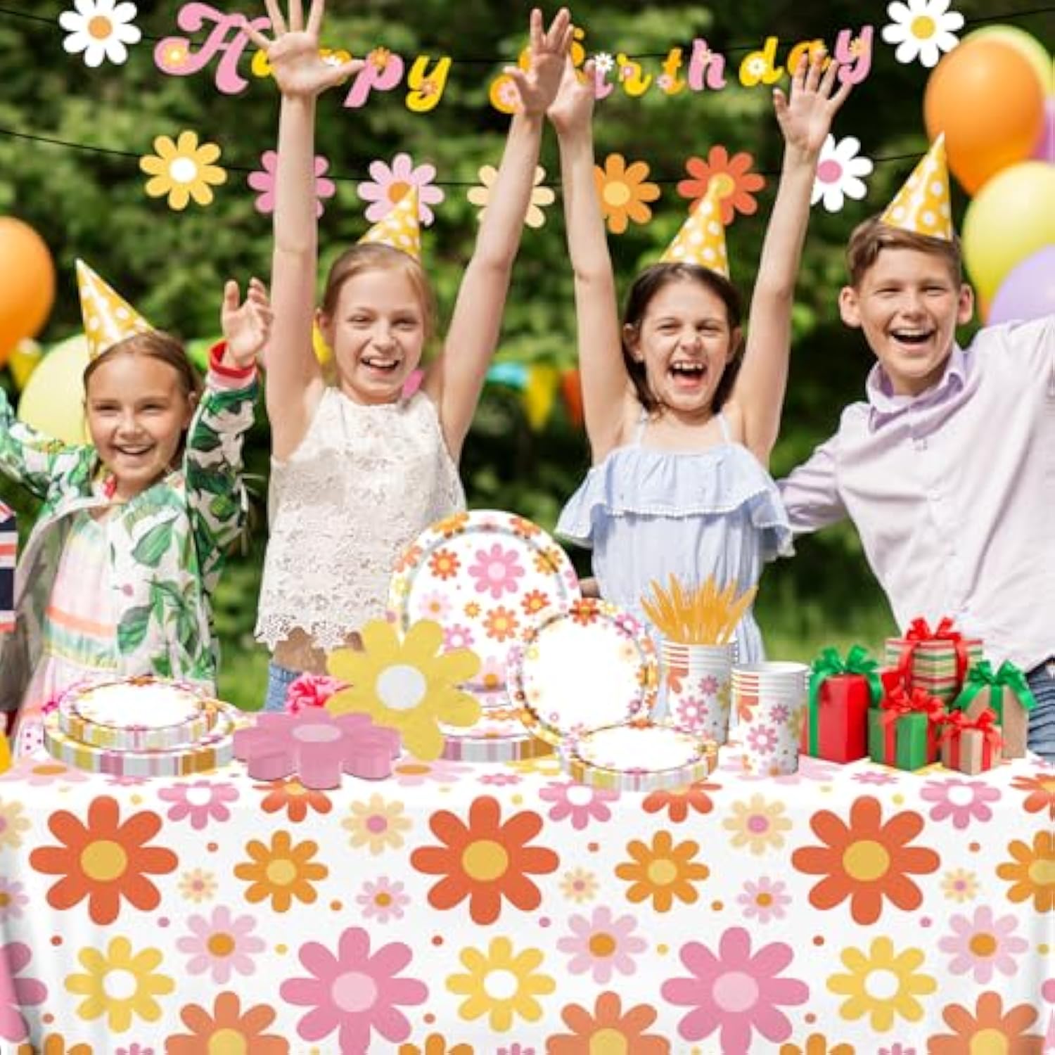 142Pcs Daisy Party Supplies – Groovy Boho Birthday Set with Plates, Napkins, Cups, Tablecloth & Banner