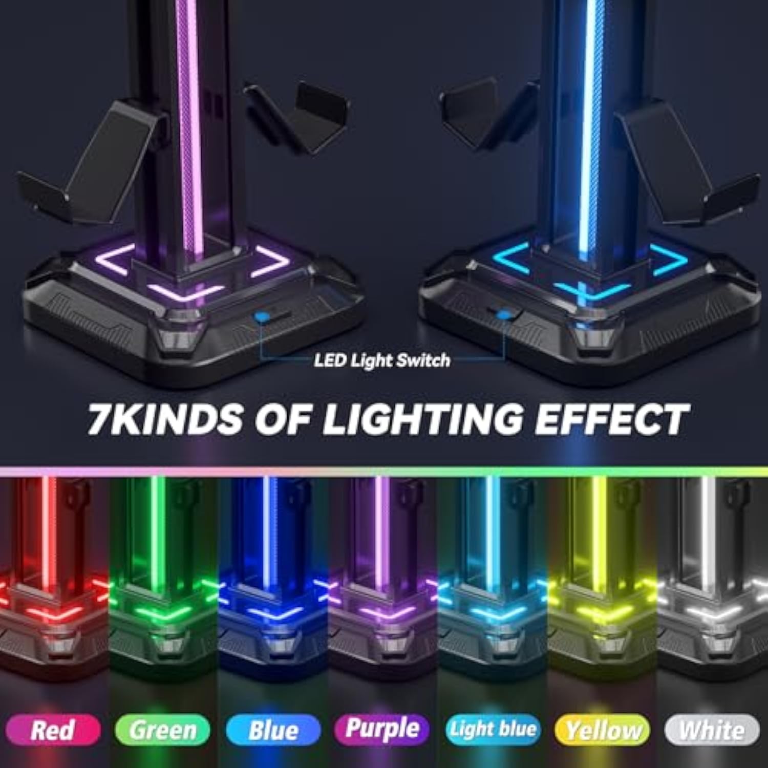 Rgb Headset Stand With 9 Light Modes - Controller Holder For Desk - Rotatable Headphone Stand & Detachable Controller Hook For Pc Earphone Accessories(Black)