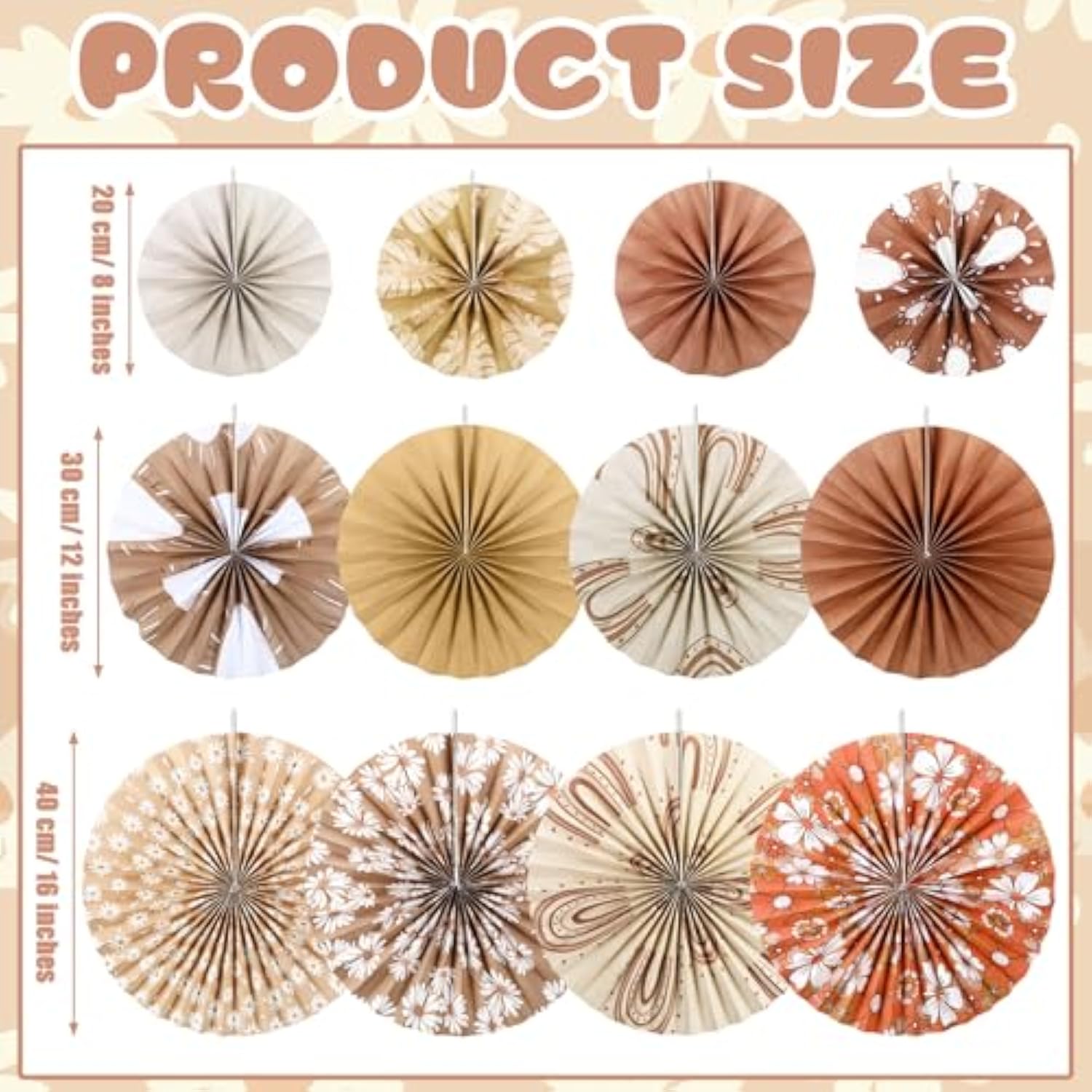 12 Pcs Boho Classroom Hanging Paper Fans 8'' 12'' 16'' Boho Classroom Decoration Rainbow Round Paper Fans Garlands Neutral Rustic Flower Leaf Wall Decor For School Office Party Decor