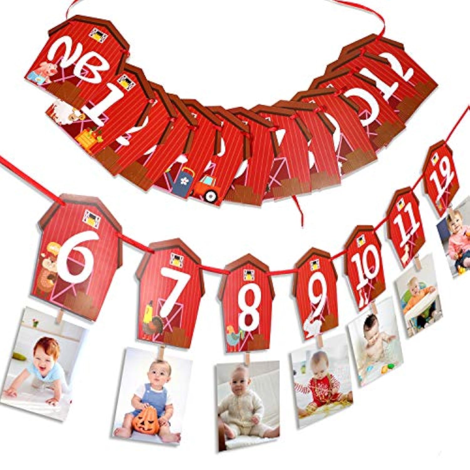 Farm Animal 1st Birthday Photo Banner – Newborn to 12 Month Milestone Party Decoration