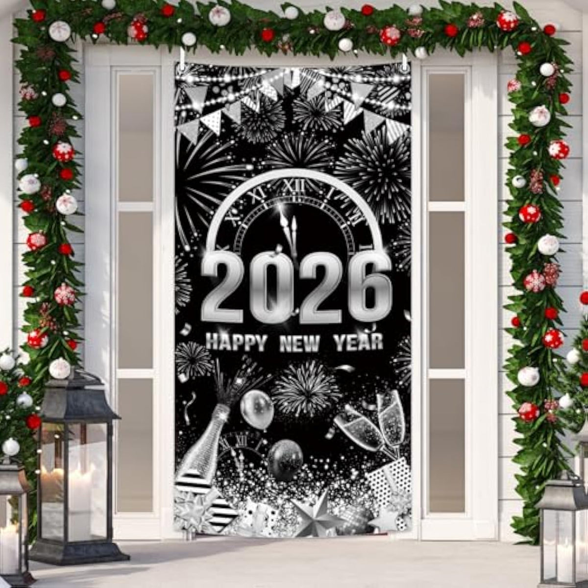 2026 Happy New Year Door Cover Black Silver Party Decor with Balloon and Fireworks