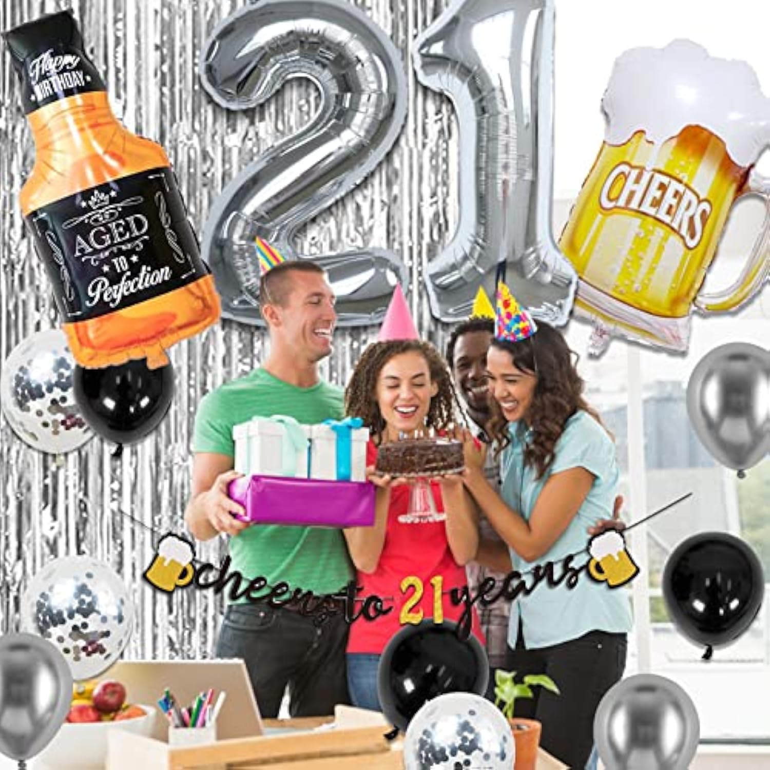 21St Birthday Decorations For Him - Black & Silver 21St Birthday Decor For Her With Cheers 21 Years Banner, Curtains, Confetti & Number Balloons