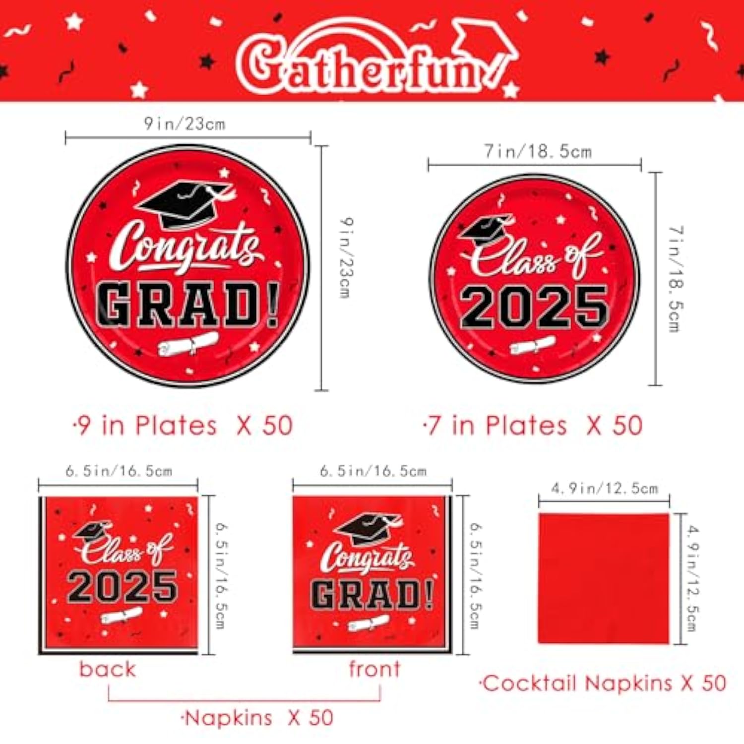 Graduation Decorations 2025 – Red Party Plates & Napkins Set for 50 Guests, Congrats Grad Supplies