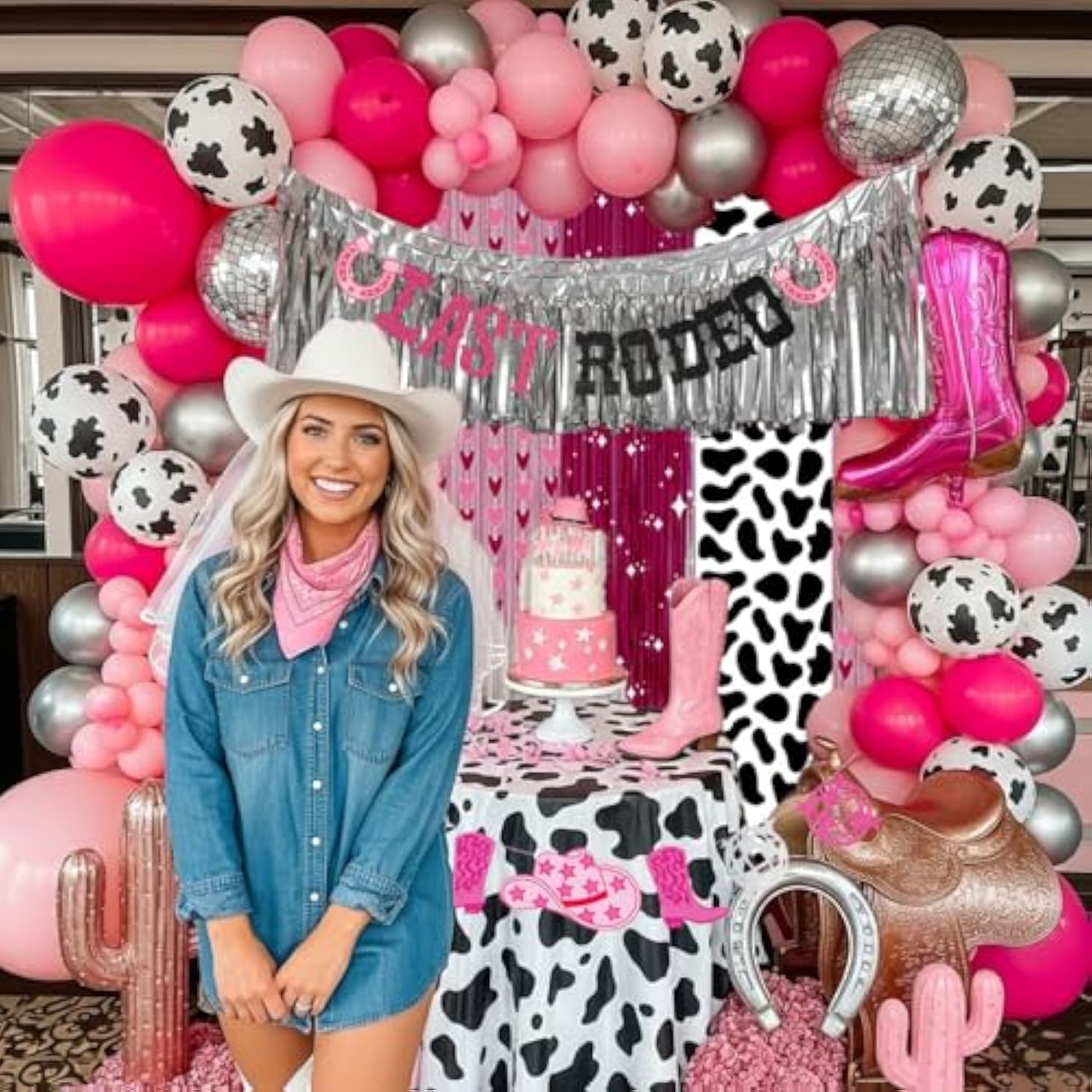 Cowgirl Last Rodeo Bachelorette Party Hot Pink Silver Balloon Arch Disco Boots Banner