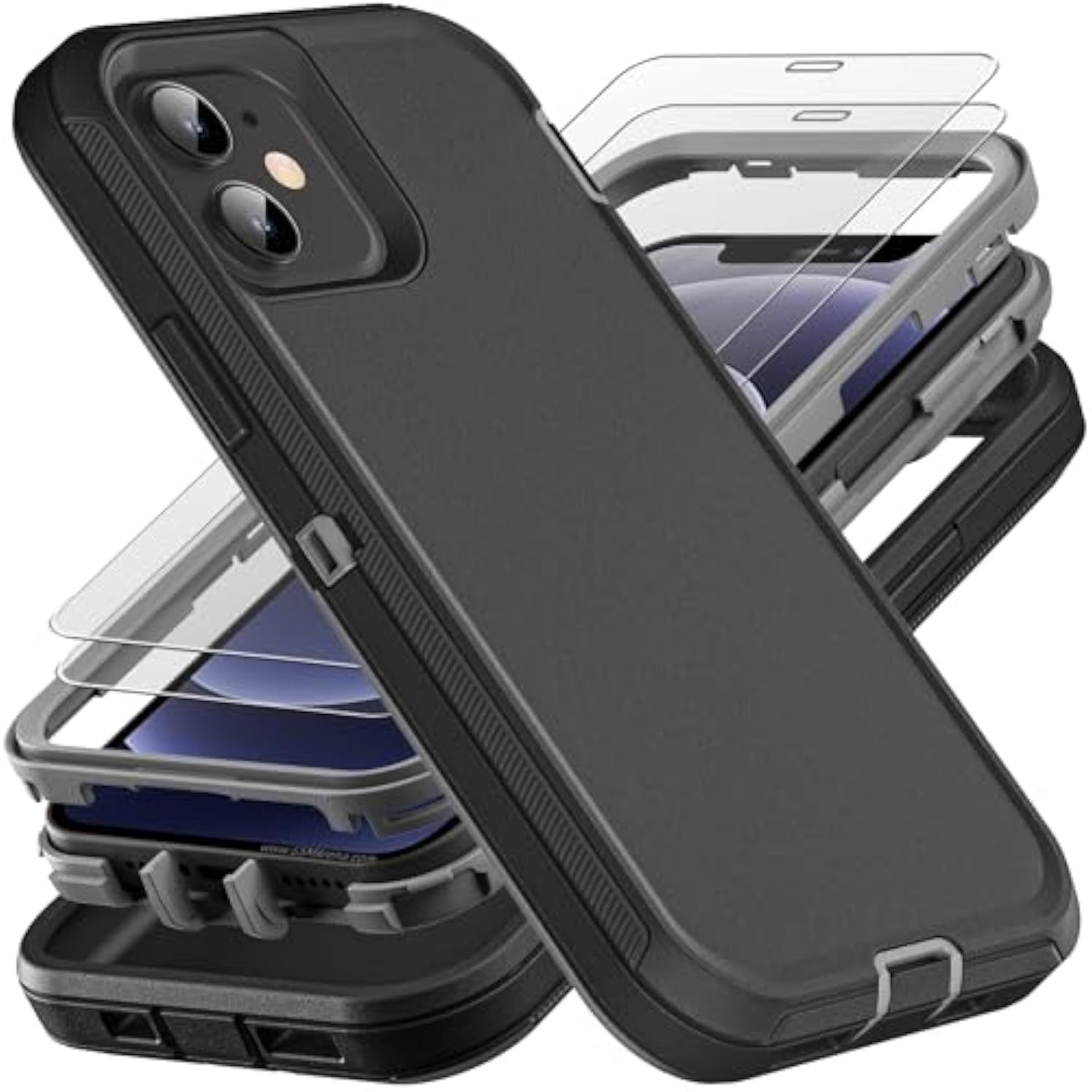For Iphone 12 Mini Case, Military Grade 3 In 1 Heavy Duty Shockproof/Drop Proof/Dust Proof Case With 2Pcs Tempered Glass Screen Protector (Black/Grey)