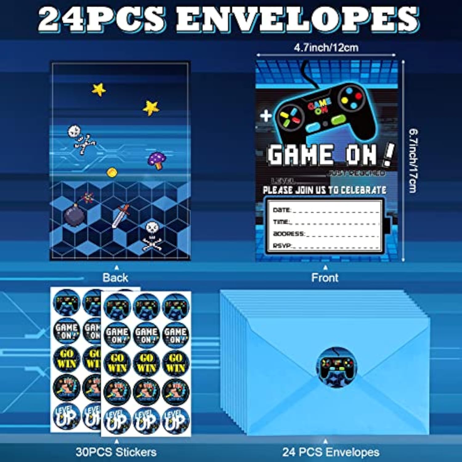 24 Pcs Video Game Invitations Fill-In Gamer Invitations With Envelopes Gaming Party Cards Decorations Double-Sided Printed Video Party Supplies For Boys Kids Birthday Decor(Classic Style)