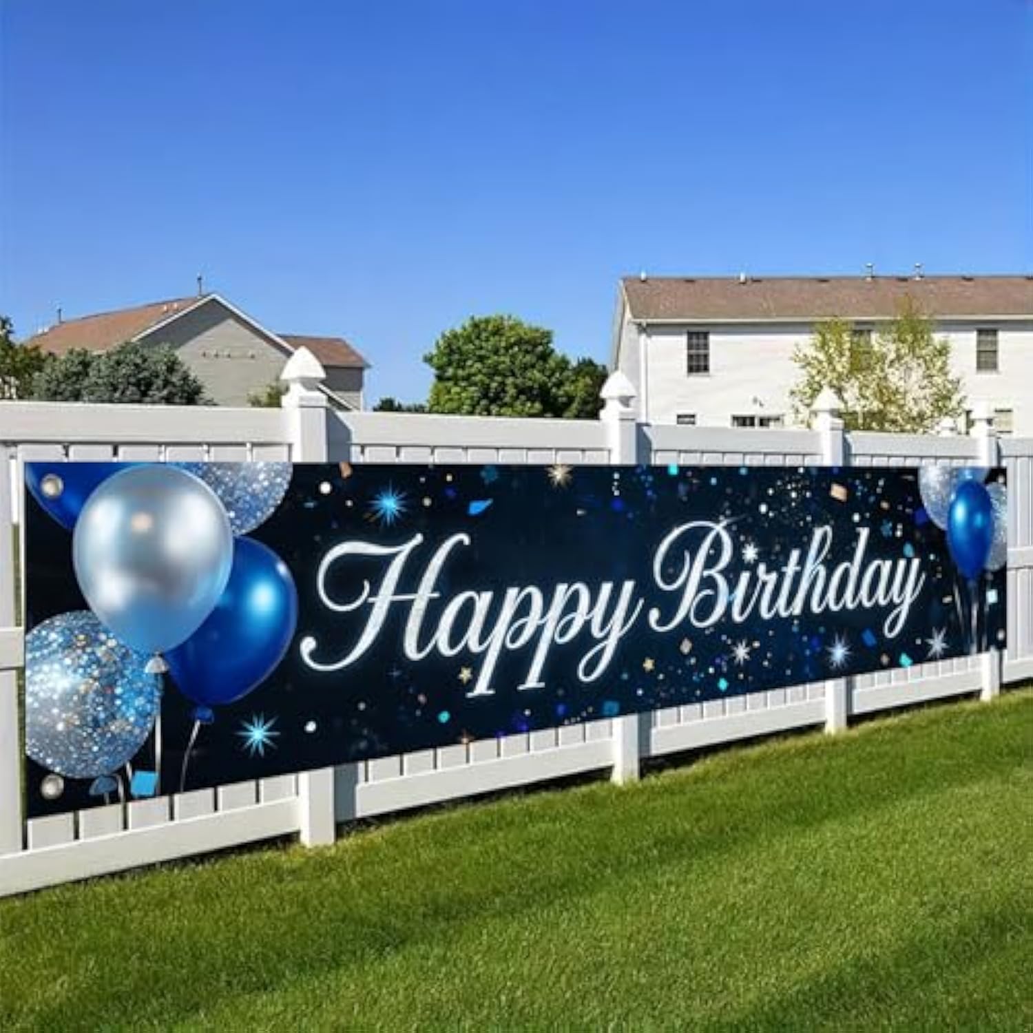 Happy Birthday Banner Sparkling Backdrop Blue Silver Balloons Confetti 118X20 Inches Elegant Party Decor Supplies For Birthday Celebrations Photo Backdrop Wall Hanging Decoration