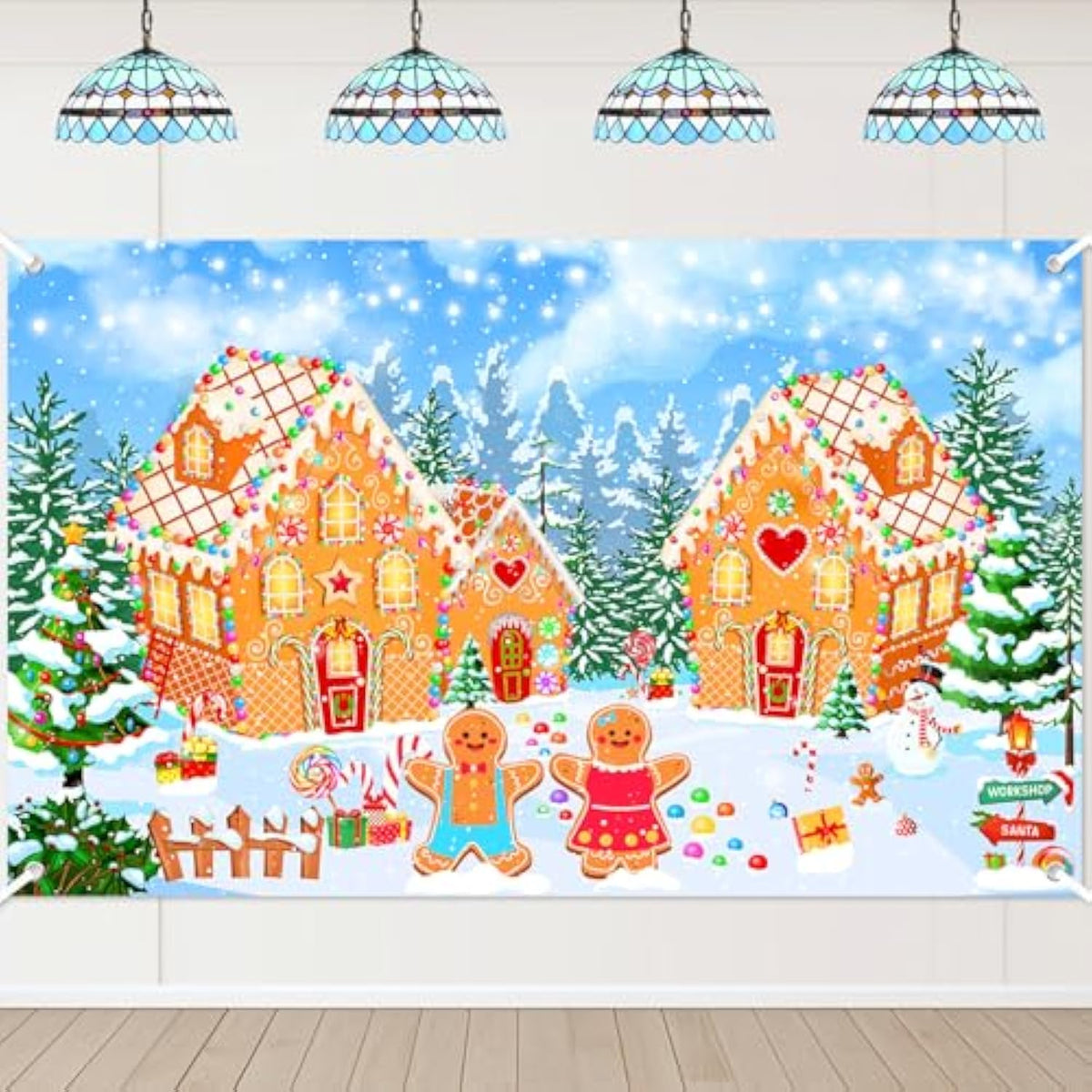 Christmas Gingerbread House Backdrop Winter Merry Xmas Gingerbread House Banner Gingerbread Christmas Banner For Kids Newborn Baby Shower Birthday Party Decorations (6X3.6Ft)