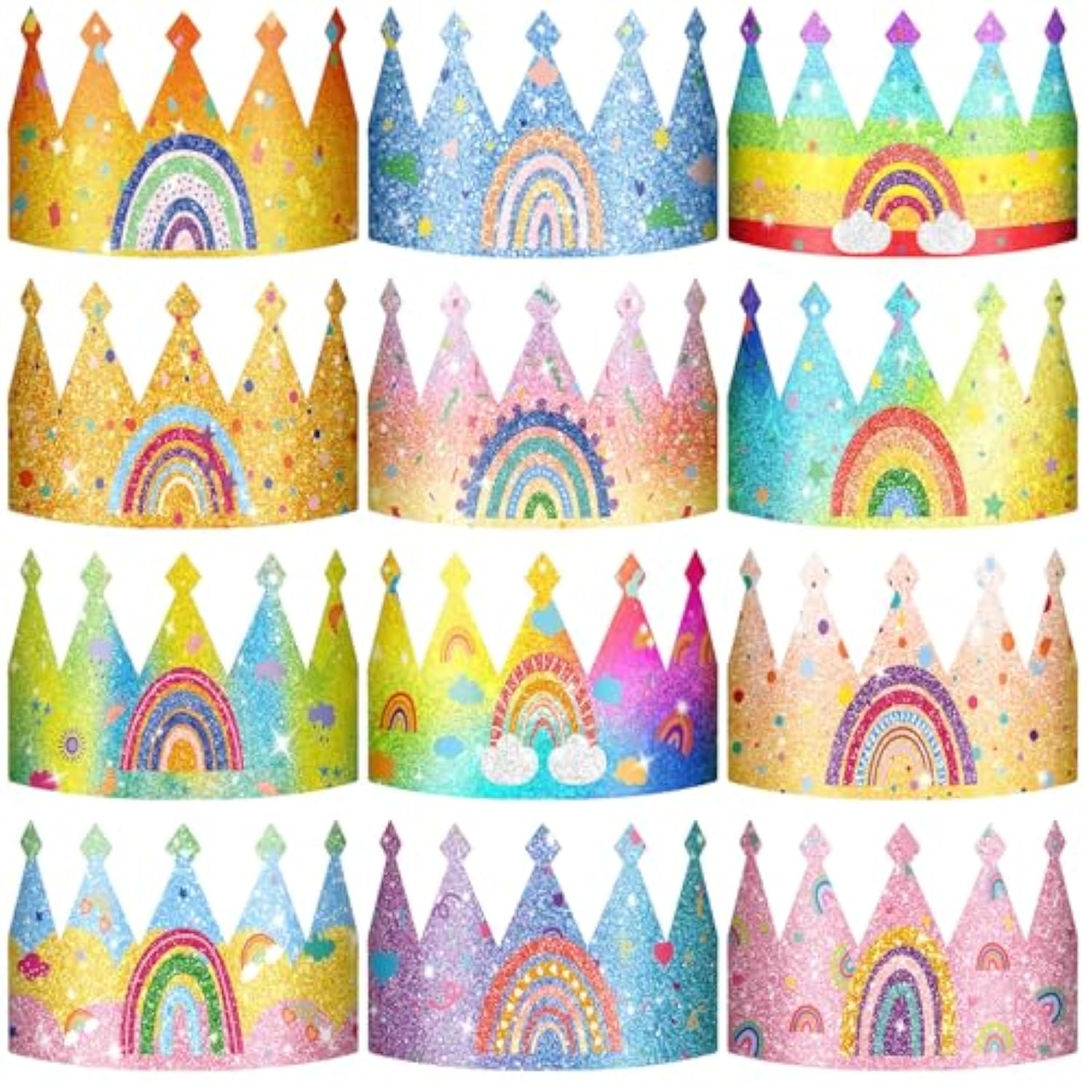 32 Pcs Rainbow Birthday Party Crown For Kids Birthday Party Hats Rainbow Glitter Decorations Paper Crowns Headband For Girls Birthday, Rainbow Party Supplies, Classroom Activities,12 Styles