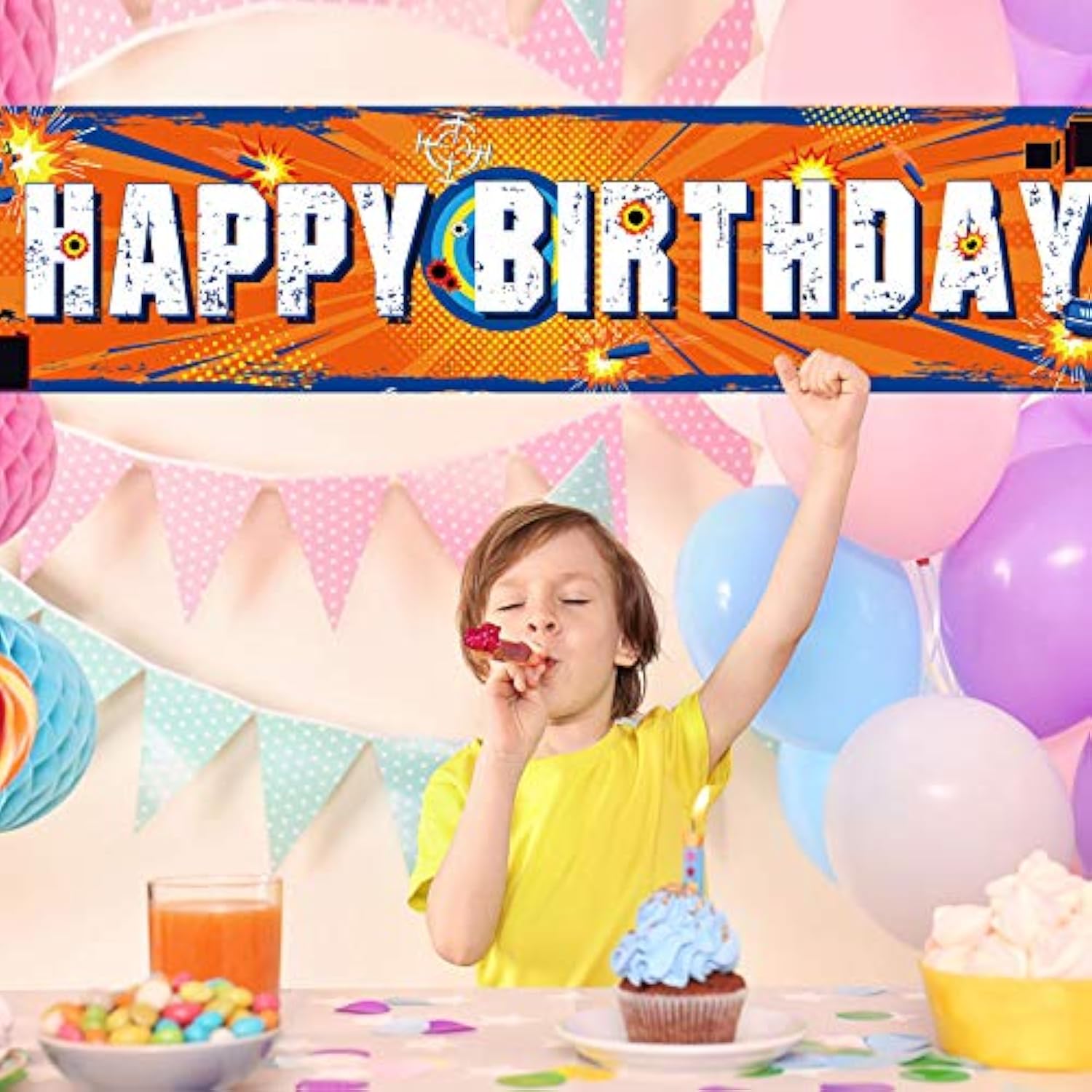 Dart Battle Party Supplies Horizontal Fabric Happy Birthday Banner, Orange, Boys Birthday Party Decorations, 71 X 16 Inch, Tear Resistant, Lightweight, Fold