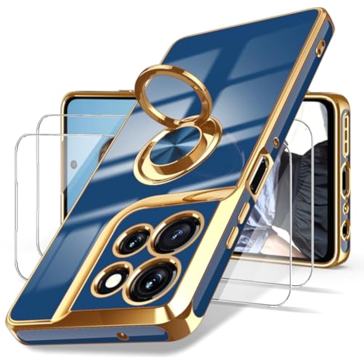 For Moto G Power 5G 2025 Case, 2X Screen Protector, 360° Rotatable Ring Holder Magnetic Kickstand,Plated Gold Edge Slim Soft Tpu Protective Cover For Motorola G Power 5G 2025 (Blue)