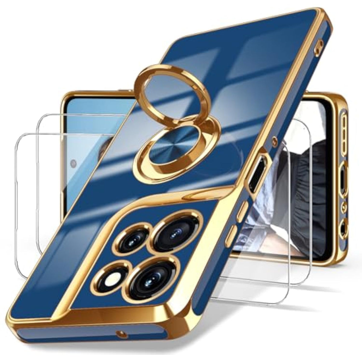 For Moto G Power 5G 2025 Case, 2X Screen Protector, 360° Rotatable Ring Holder Magnetic Kickstand,Plated Gold Edge Slim Soft Tpu Protective Cover For Motorola G Power 5G 2025 (Blue)