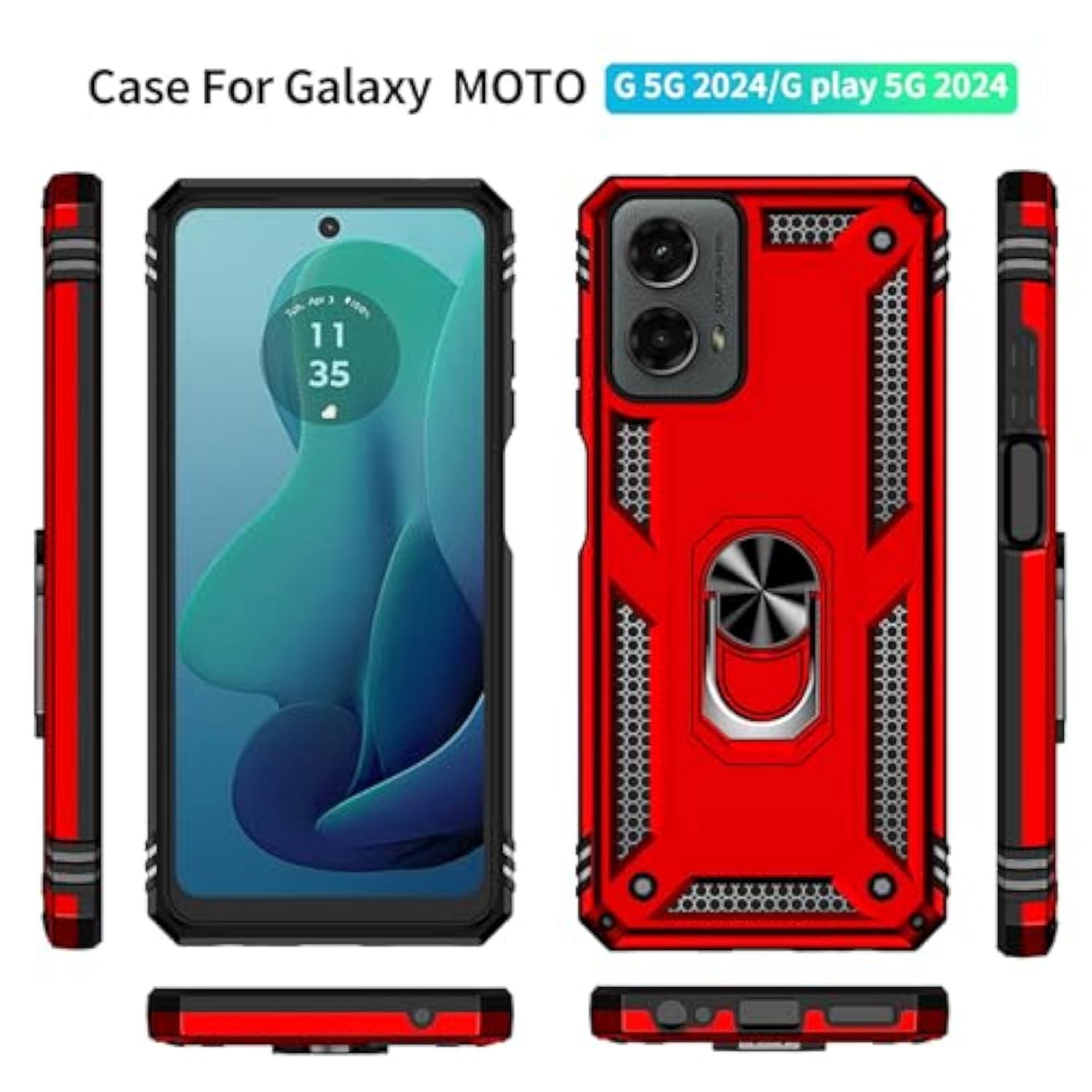 For Moto G 5G 2024 Case: With Screen Protector - Military Grade Protective Cases With Finger Ring Holder Kickstand For Motorola Moto G 5G 2024(Red)