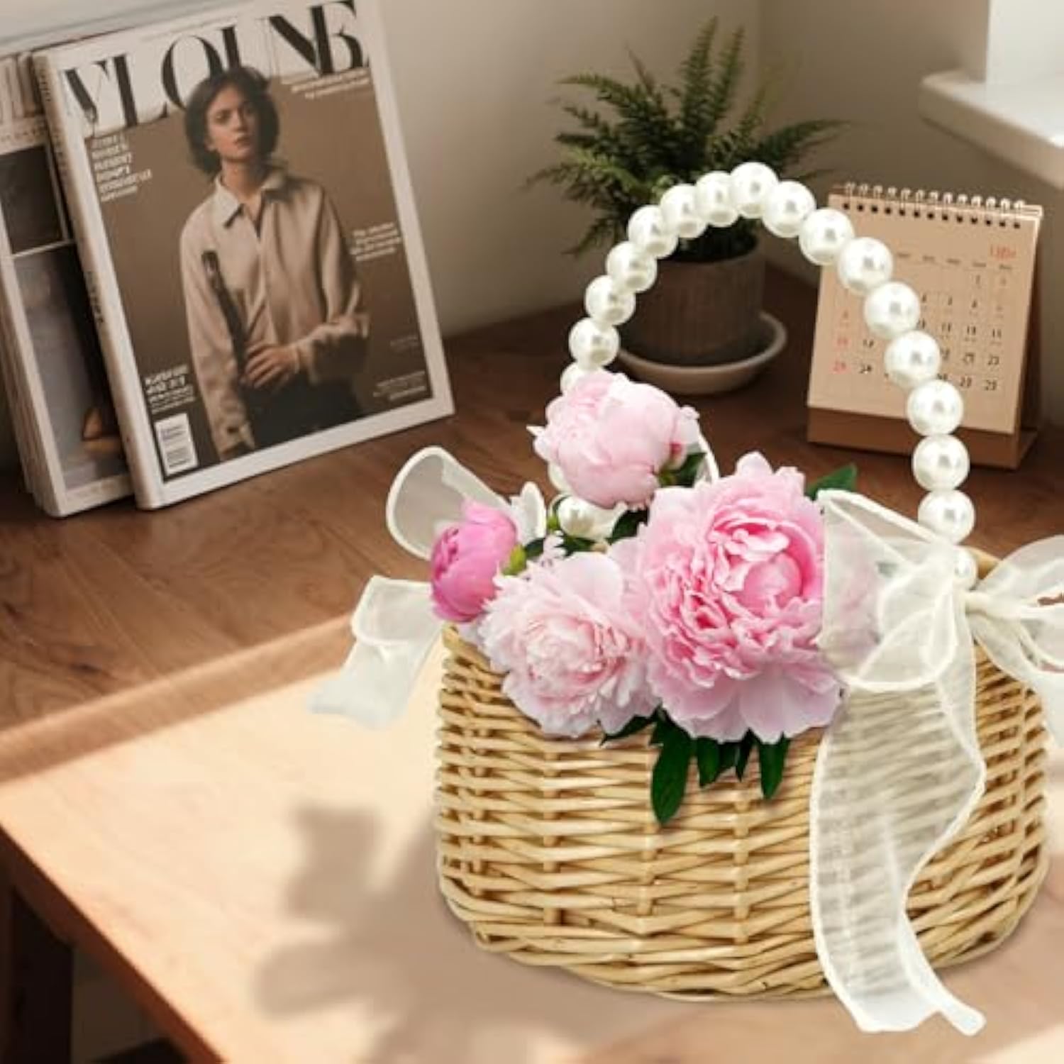 Flower Girl Basket - Woven Rattan Wedding Basket With Pearl Handle & Lace Bow, Rustic Elegant Flower Holder For Wedding Party, Garden Decor, Home Decoration
