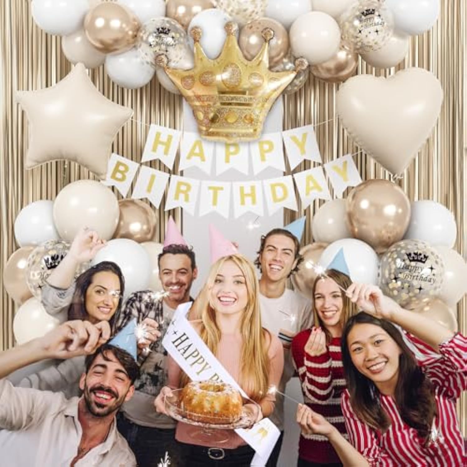 42pcs White & Gold Birthday Decorations with Balloons, Banner  Fringe Curtain Decor