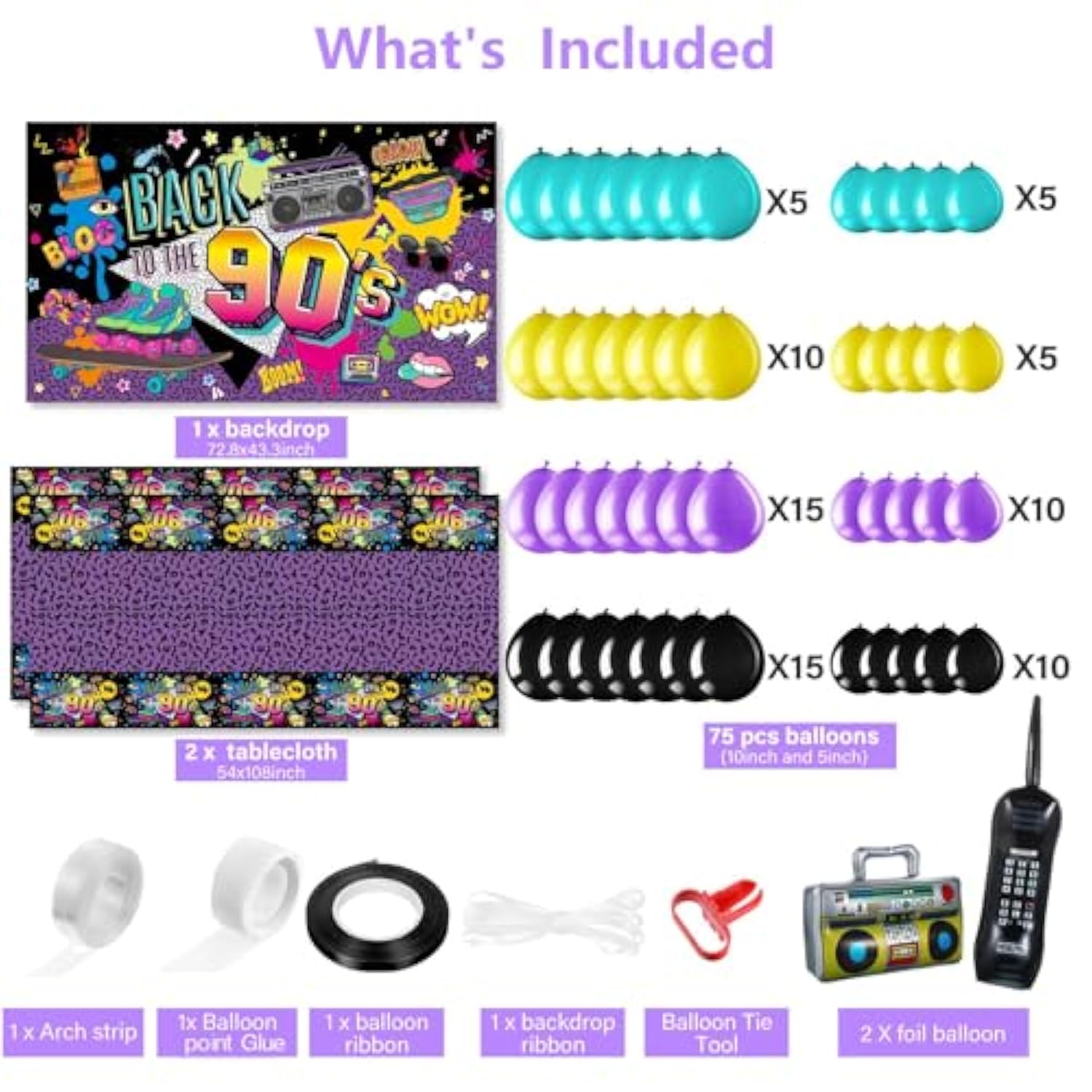 85 Pcs 80S 90S 50S Party Decorations 90'S Party Bundle Includes Inflatable Radio Boombox And Mobile Phone, Back To 1990S 50S Backdrop, Tablecloth, 75 Pcs Balloons For Hip Hop (90S Style)