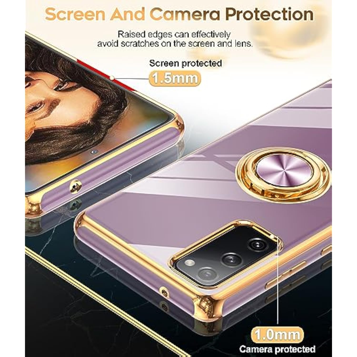 For Samsung Galaxy S20-Fe-5G Case: With Tempered Glass Screen Protector [2 Pack], Ring Holder Magnetic Kickstand, Plating Rose Gold Edge Protective Case For Women Men Girls, Purple
