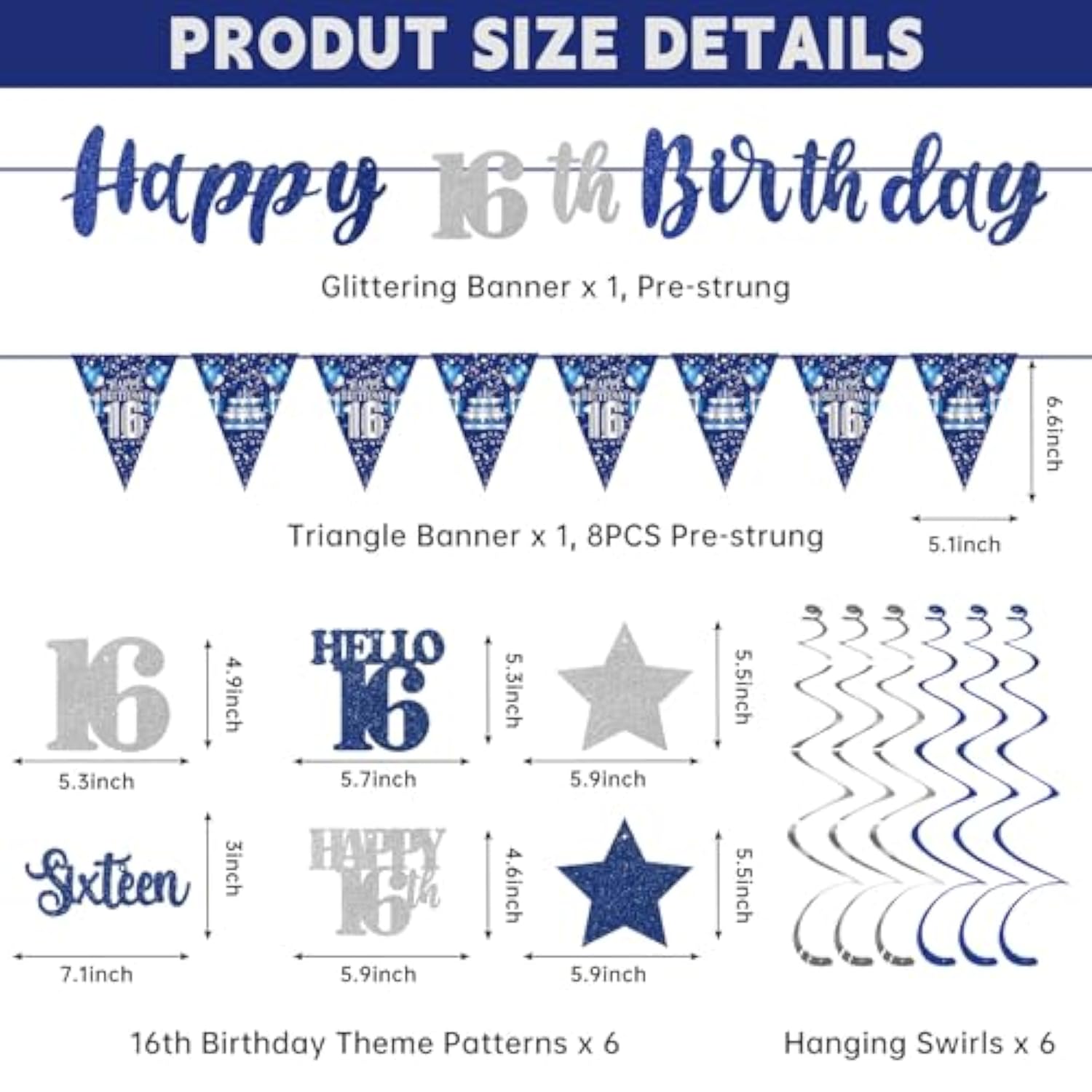 Blue Silver 16th Birthday Banner Stars Swirls Party Decor