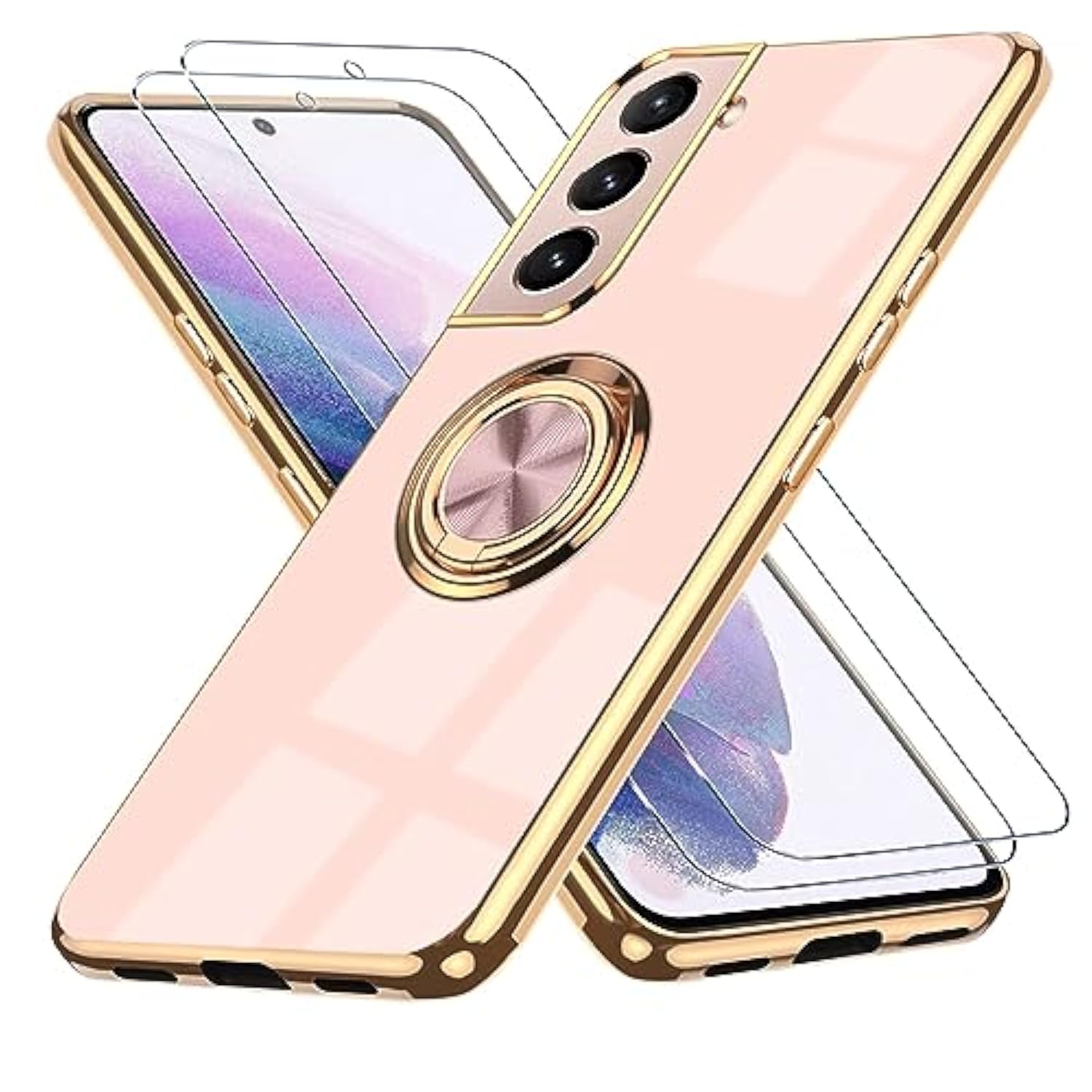 For Samsung Galaxy S21 5G Case, With 2 Screen Protector, Built-In 360° Ring Holder Magnetic Stand, Luxury Electroplated Plating Edge Shockproof Protective Phone Cover, Rose Gold