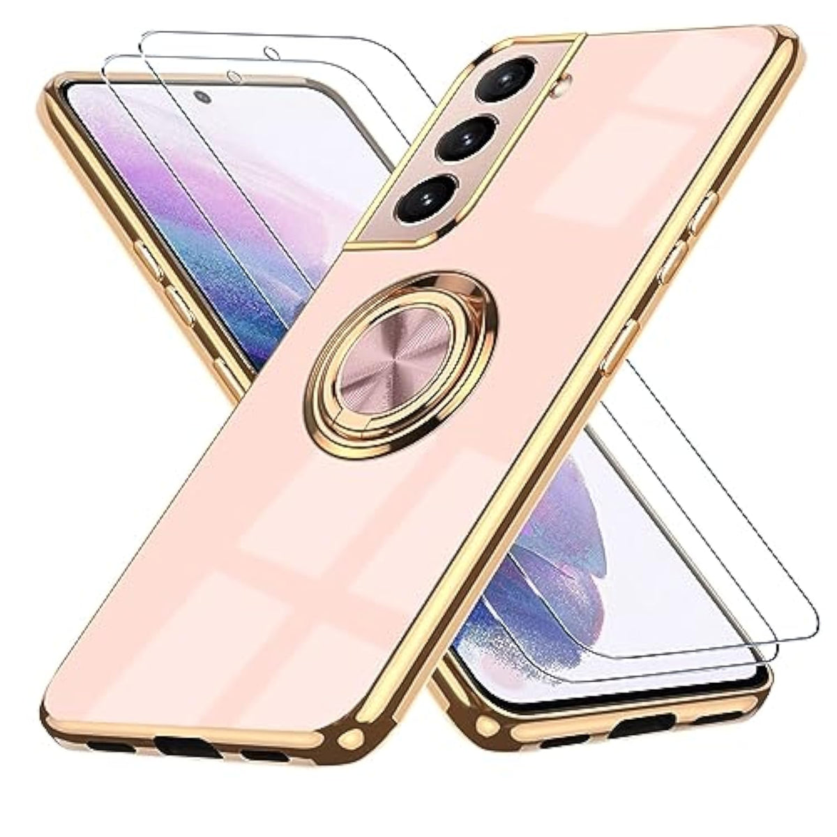 For Samsung Galaxy S21 5G Case, With 2 Screen Protector, Built-In 360° Ring Holder Magnetic Stand, Luxury Electroplated Plating Edge Shockproof Protective Phone Cover, Rose Gold